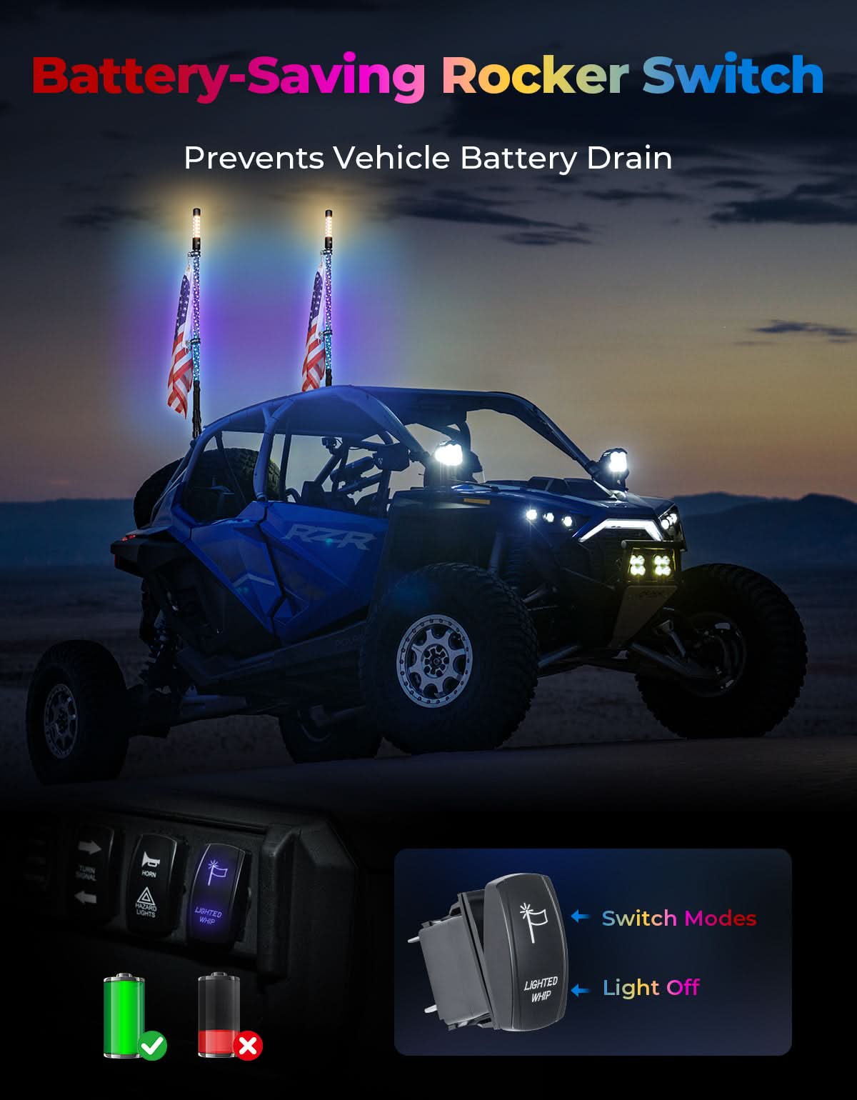 Kemimoto 3FT LED Whip Lights 2PCS Strobe SOS Bluetooth