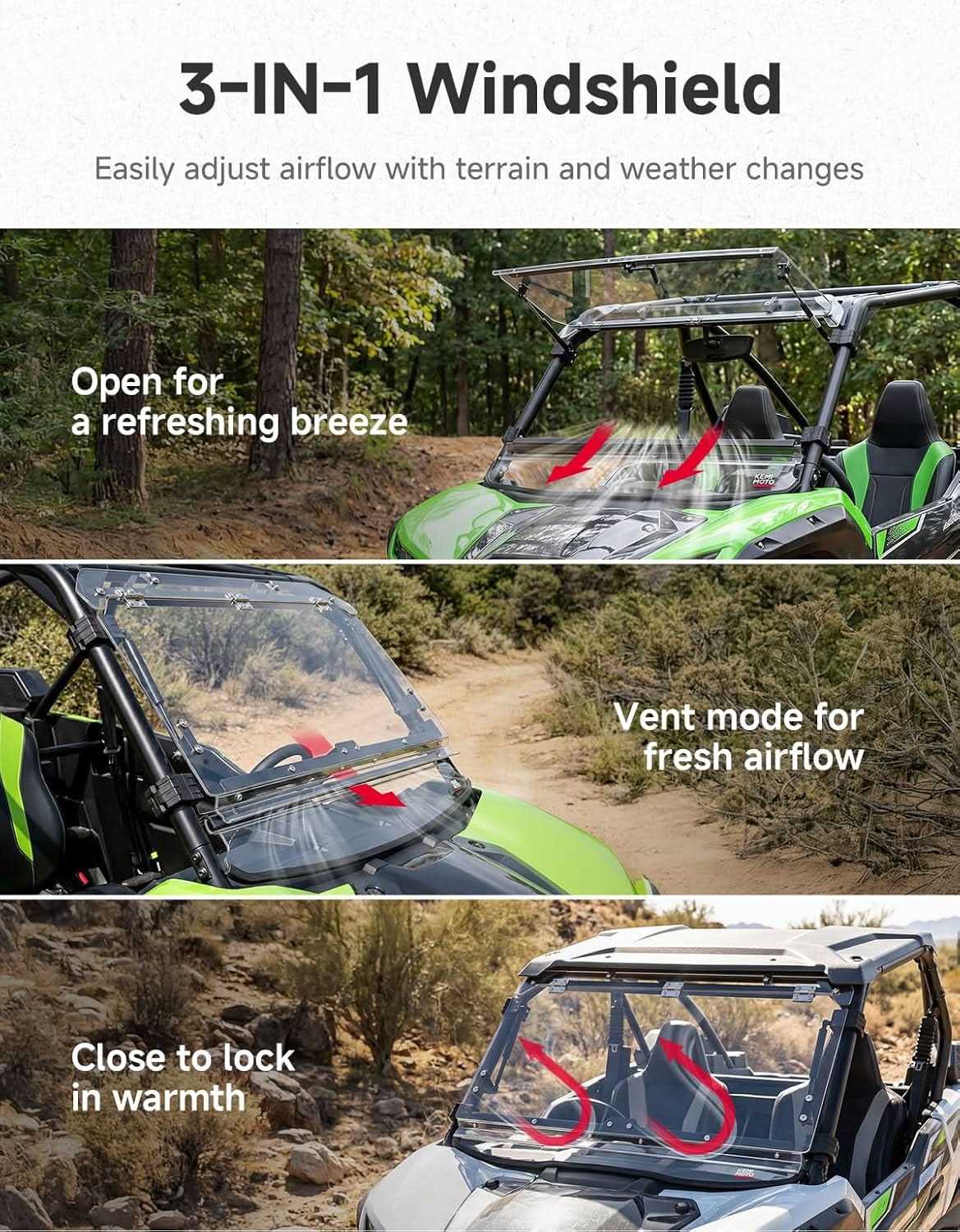 Kemimoto 3-in-1 Adjustable Flip Windshield for Kawasaki Teryx KRX