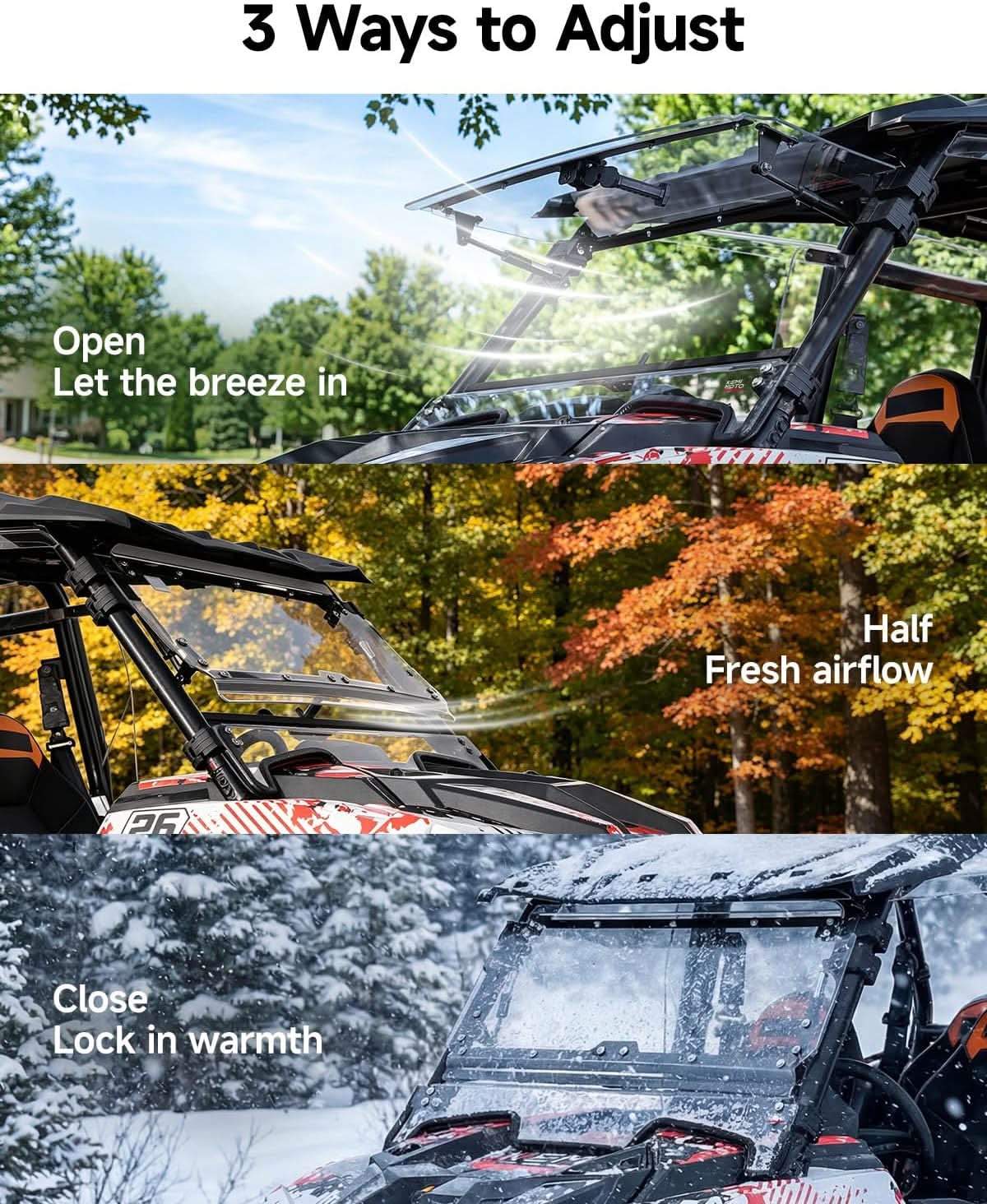 Kemimoto 3-In-1 Front Flip Windshield Scratch-Resistant Polycarbonate For Polaris