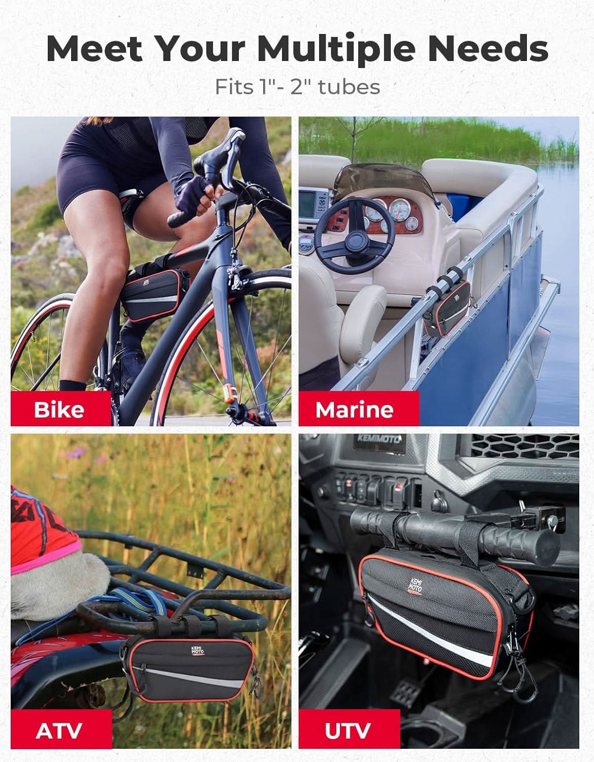 Kemimoto UTV Roll Cage Storage Bag 11" x 5" Black Red