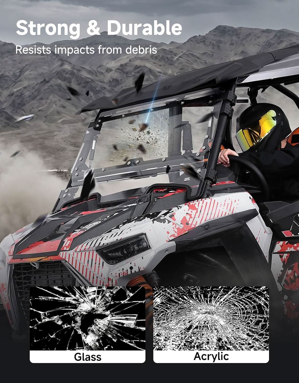 Kemimoto 3-In-1 Front Flip Windshield Scratch-Resistant Polycarbonate For Polaris
