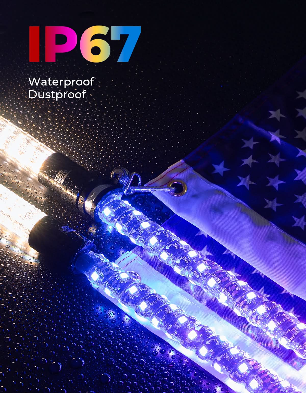 Kemimoto 3FT LED Whip Lights 2PCS Strobe SOS Bluetooth