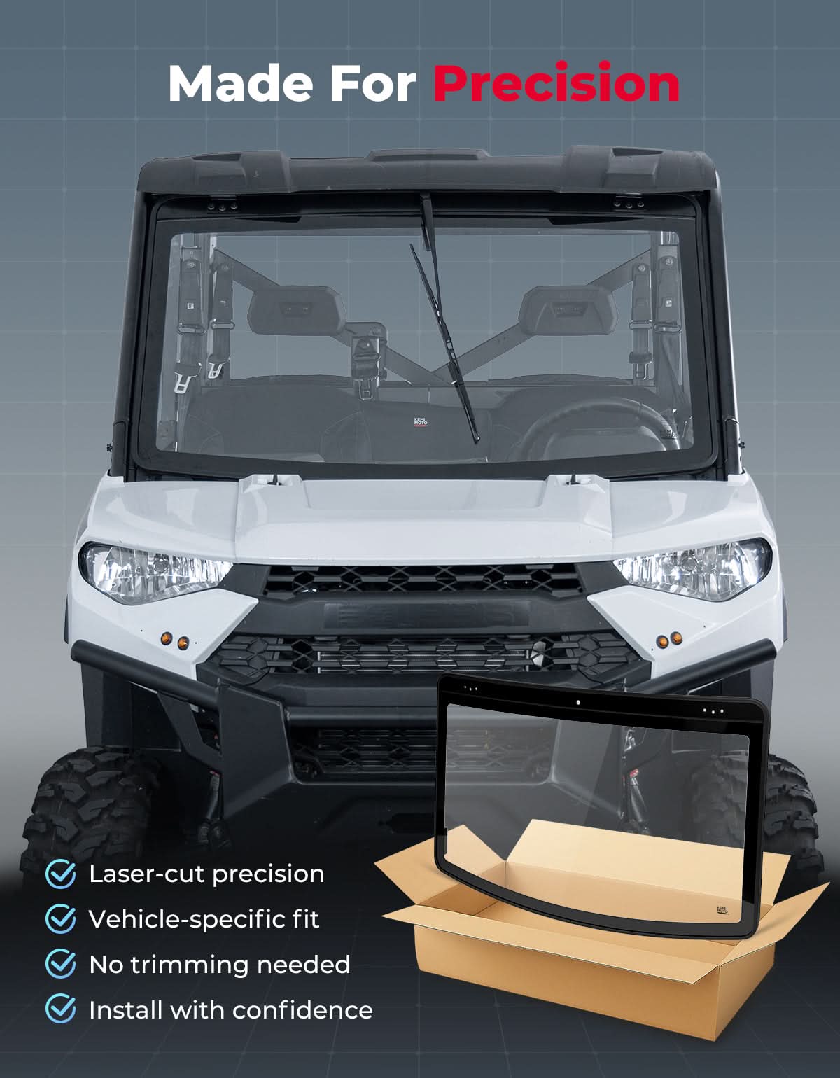 Kemimoto Front Windshield With Wiper For Polaris Ranger 1000