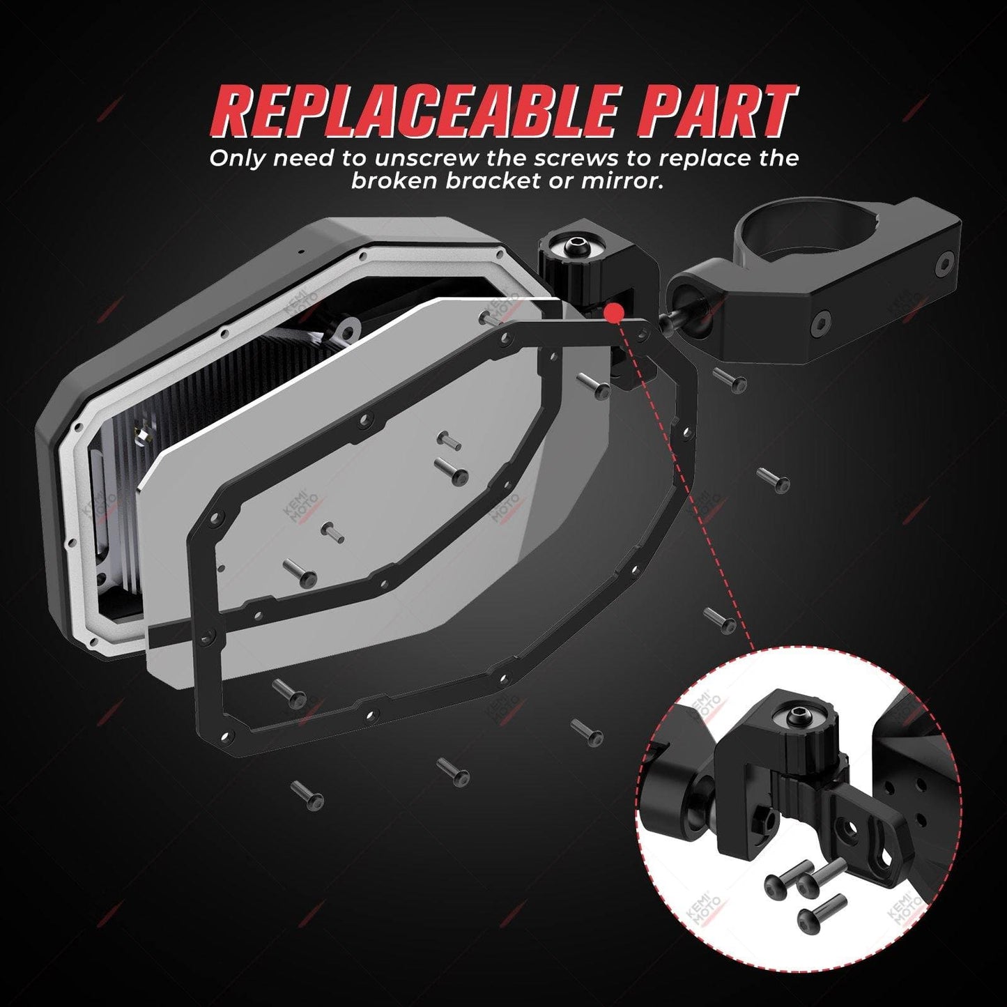 Kemimoto UTV 1.65-2" Tube Rear View Mirror & LED Side Mirrors