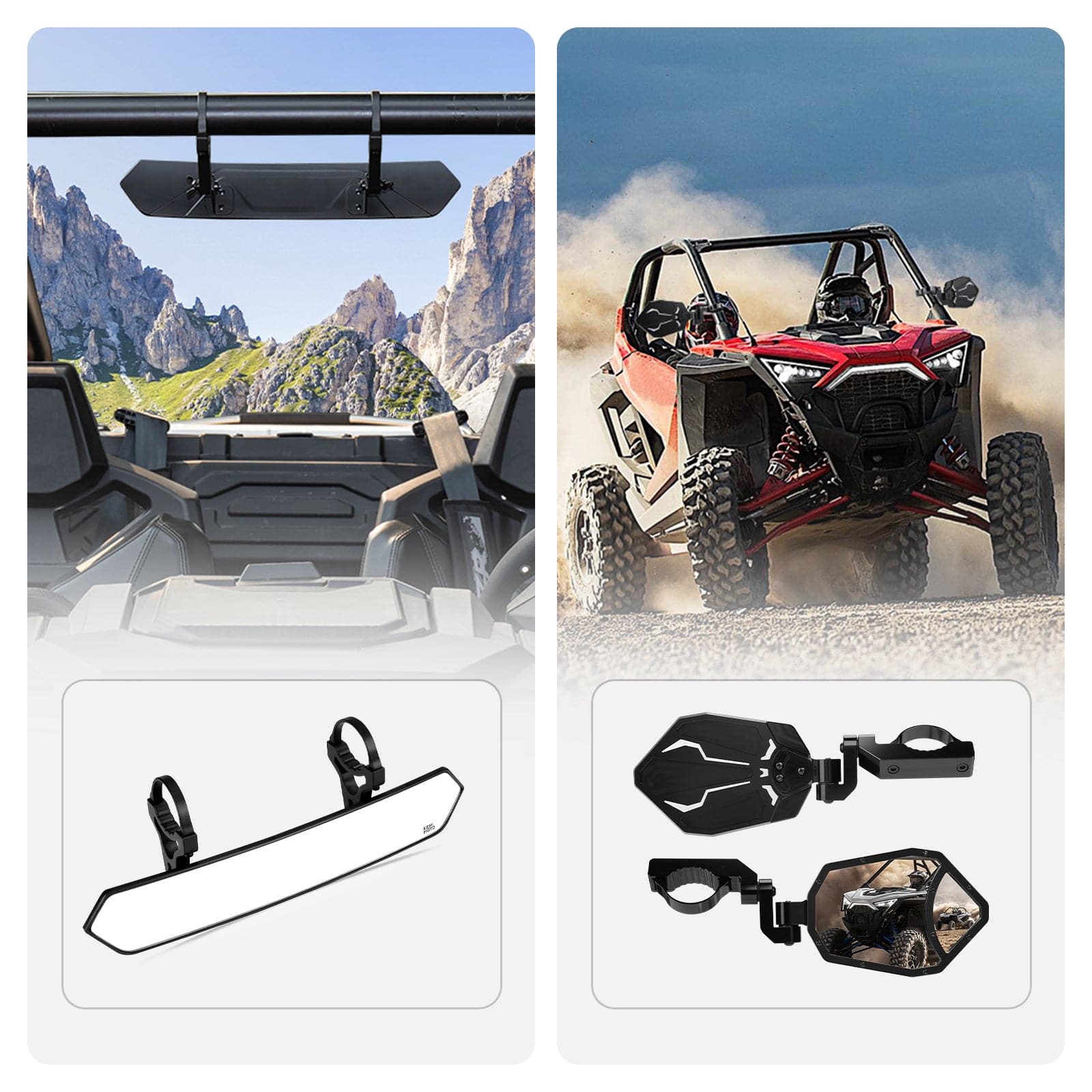 Kemimoto UTV 1.65"-2" Rear View Mirror & 1.6"-2" Side Mirror