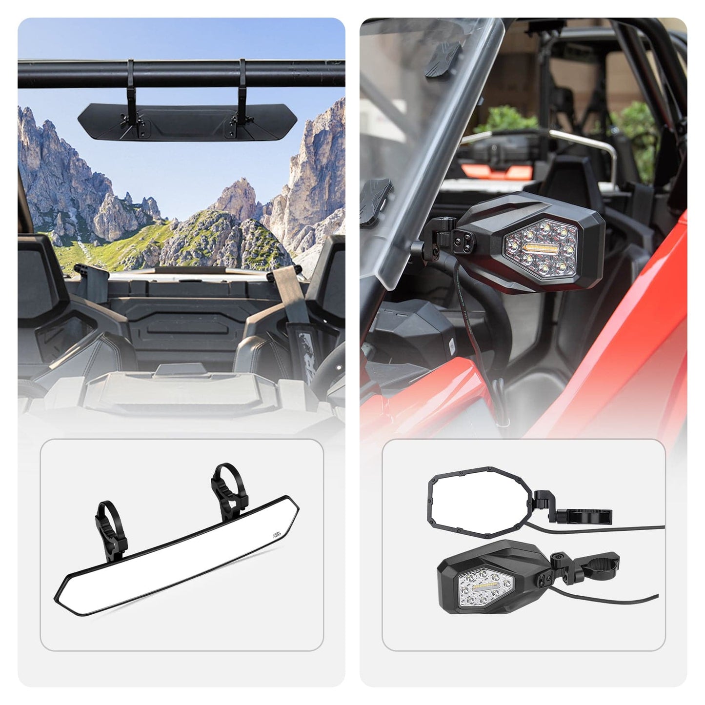Kemimoto UTV 1.65-2" Tube Rear View Mirror & LED Side Mirrors