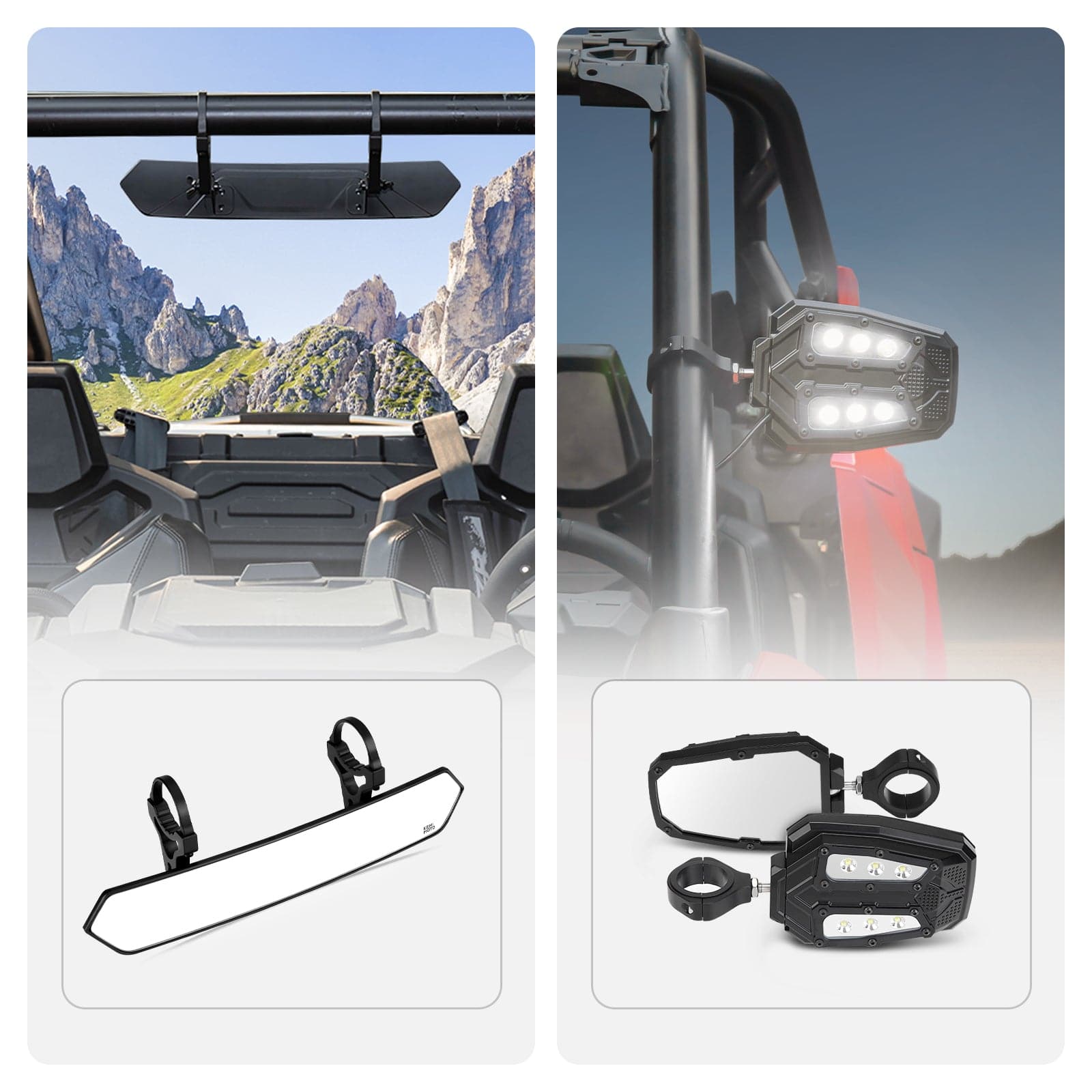 Kemimoto UTV Adjustable Mirror Set 1.65‑2" Rear 1.75‑2" LED