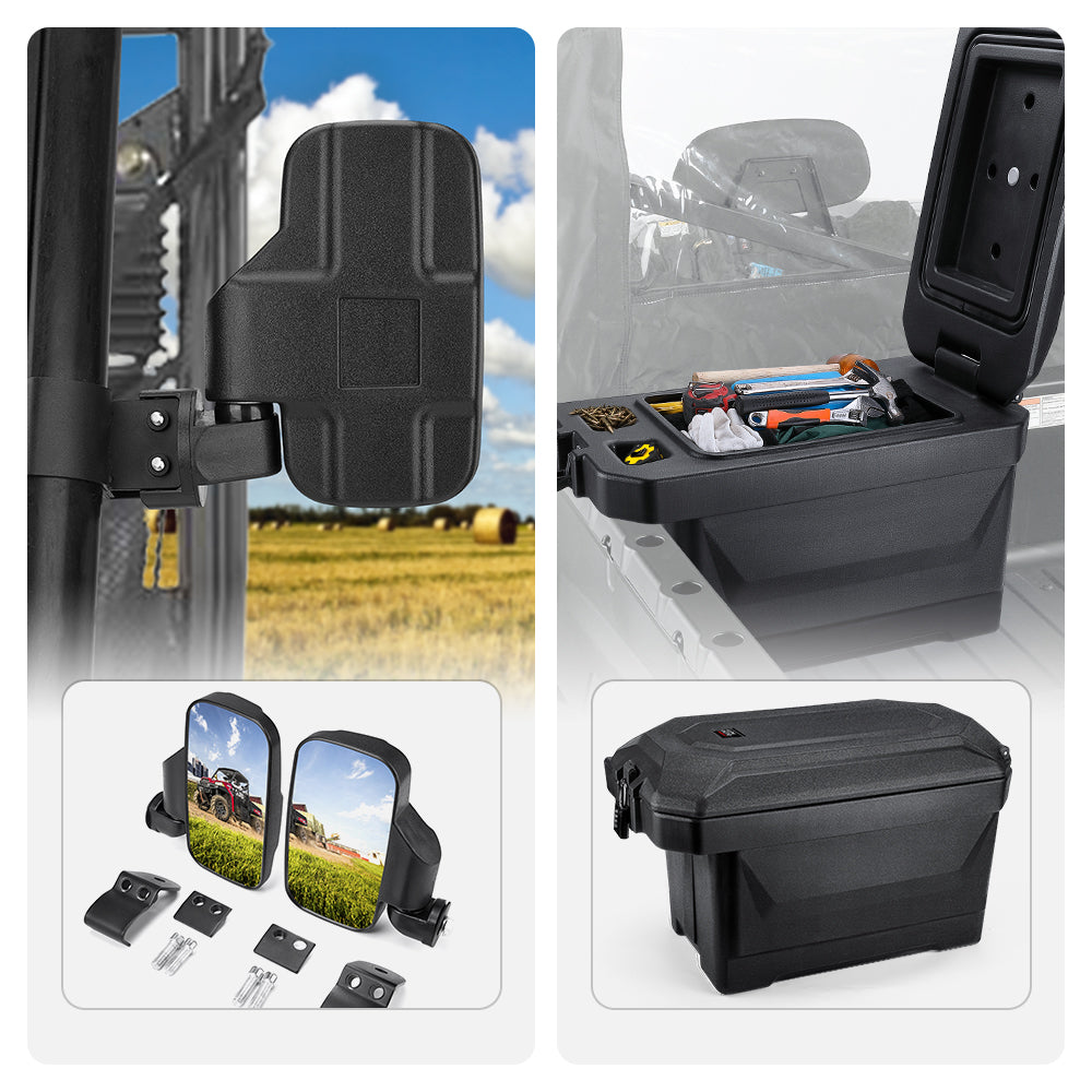 Kemimoto Side Mirrors & 45L Storage Box for Polaris Ranger