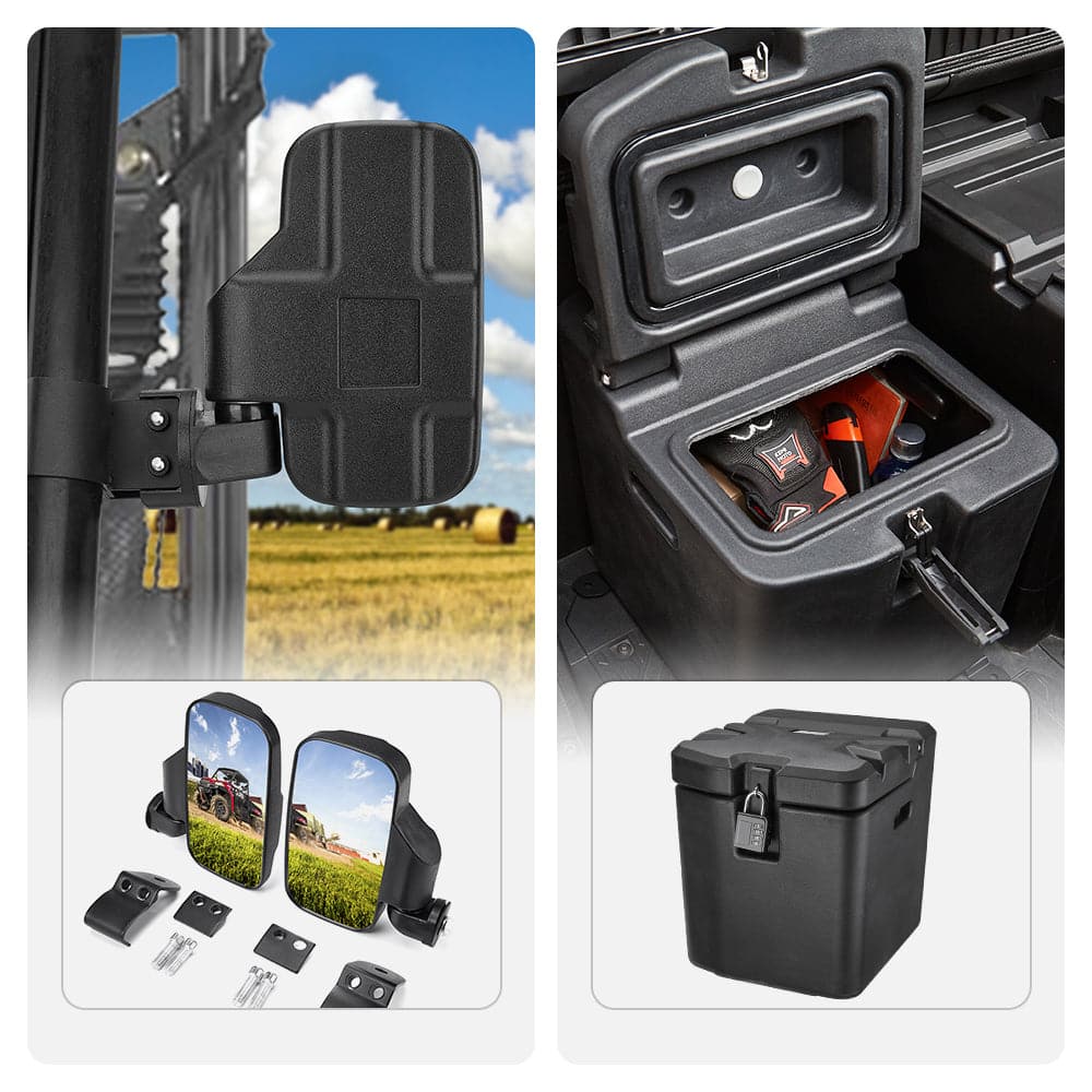 Adjustable Break-Away Side Mirrors & Storage Box for Polaris Ranger XP1000