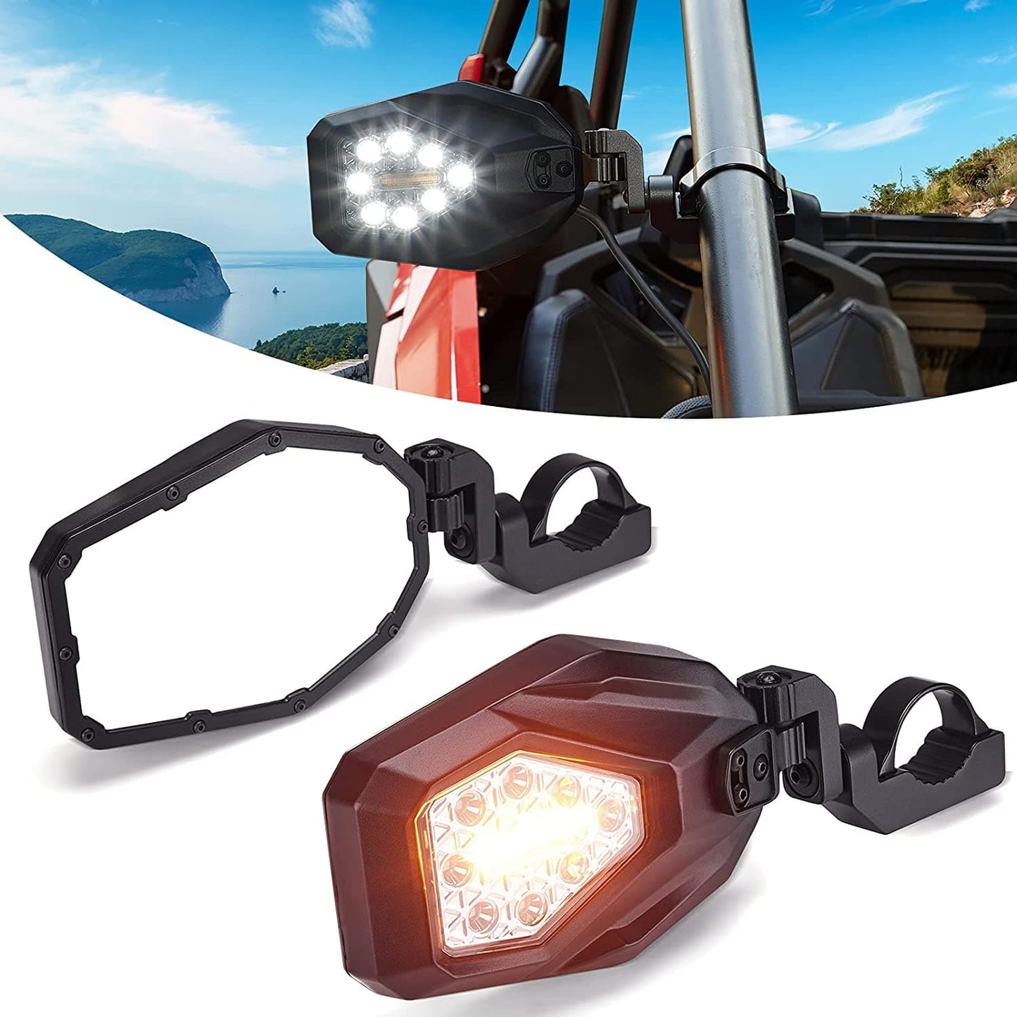 Kemimoto Side Mirrors LED Turn Lights 1.6"-2" Roll Bar