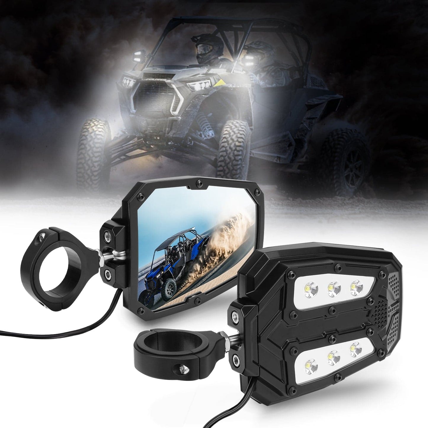 Kemimoto UTV Adjustable Mirror Set 1.65‑2" Rear 1.75‑2" LED