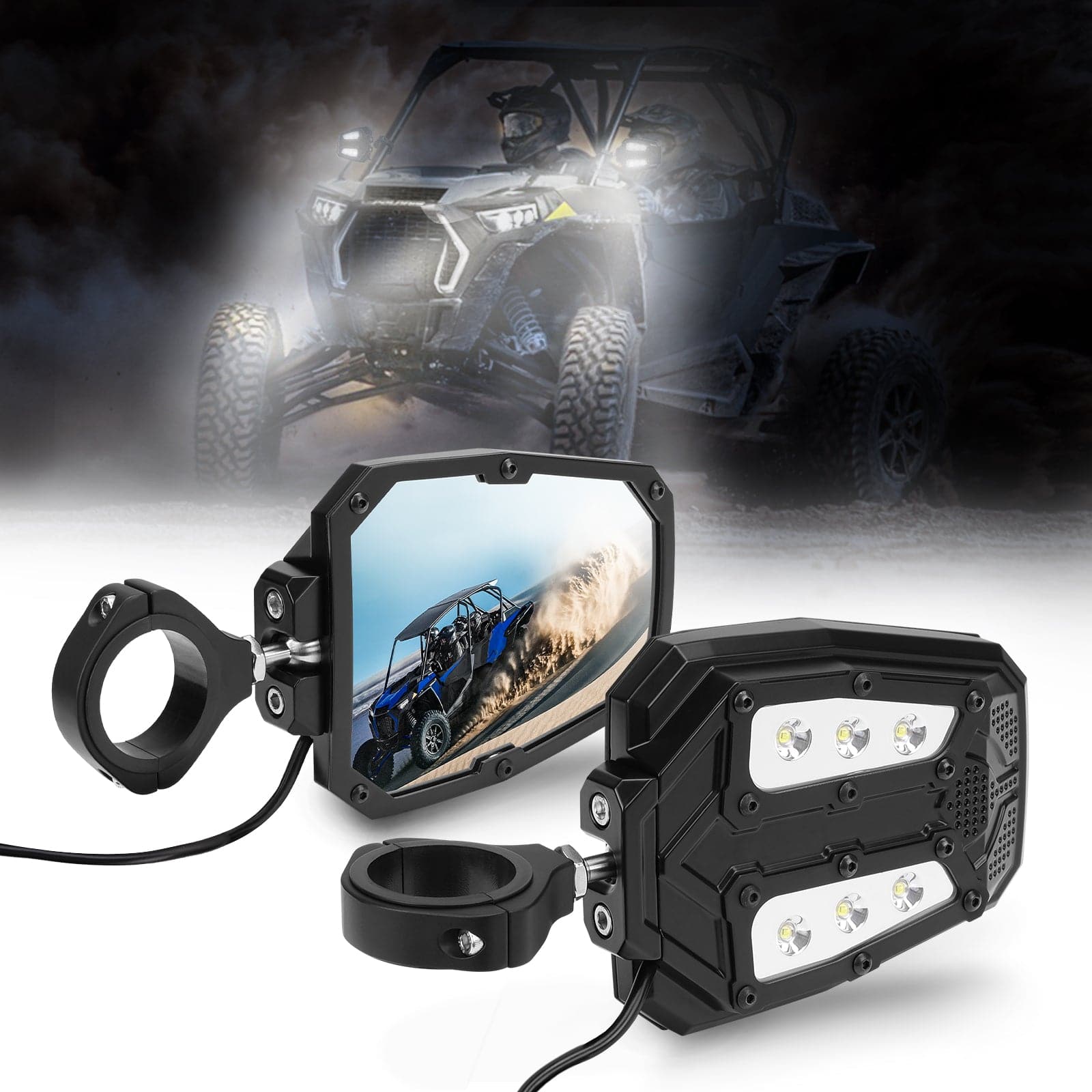 Kemimoto UTV Adjustable Mirror Set 1.65‑2" Rear 1.75‑2" LED