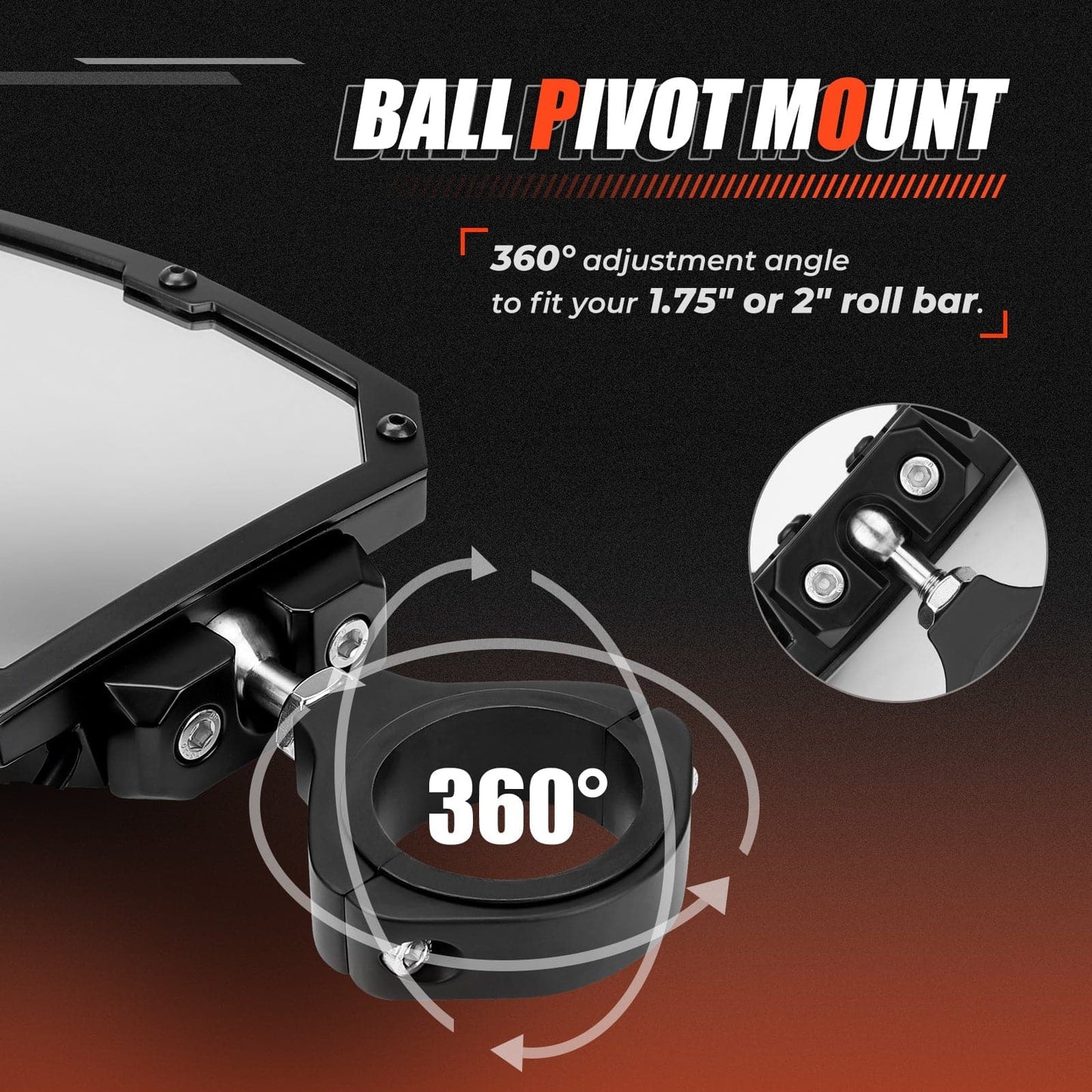 Kemimoto UTV Adjustable Mirror Set 1.65‑2" Rear 1.75‑2" LED