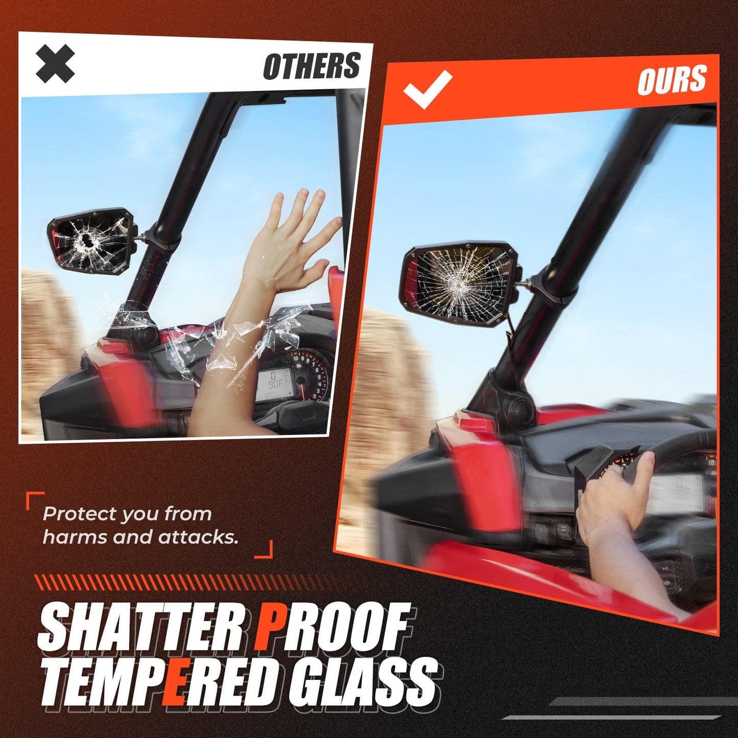 Kemimoto UTV Adjustable Mirror Set 1.65‑2" Rear 1.75‑2" LED