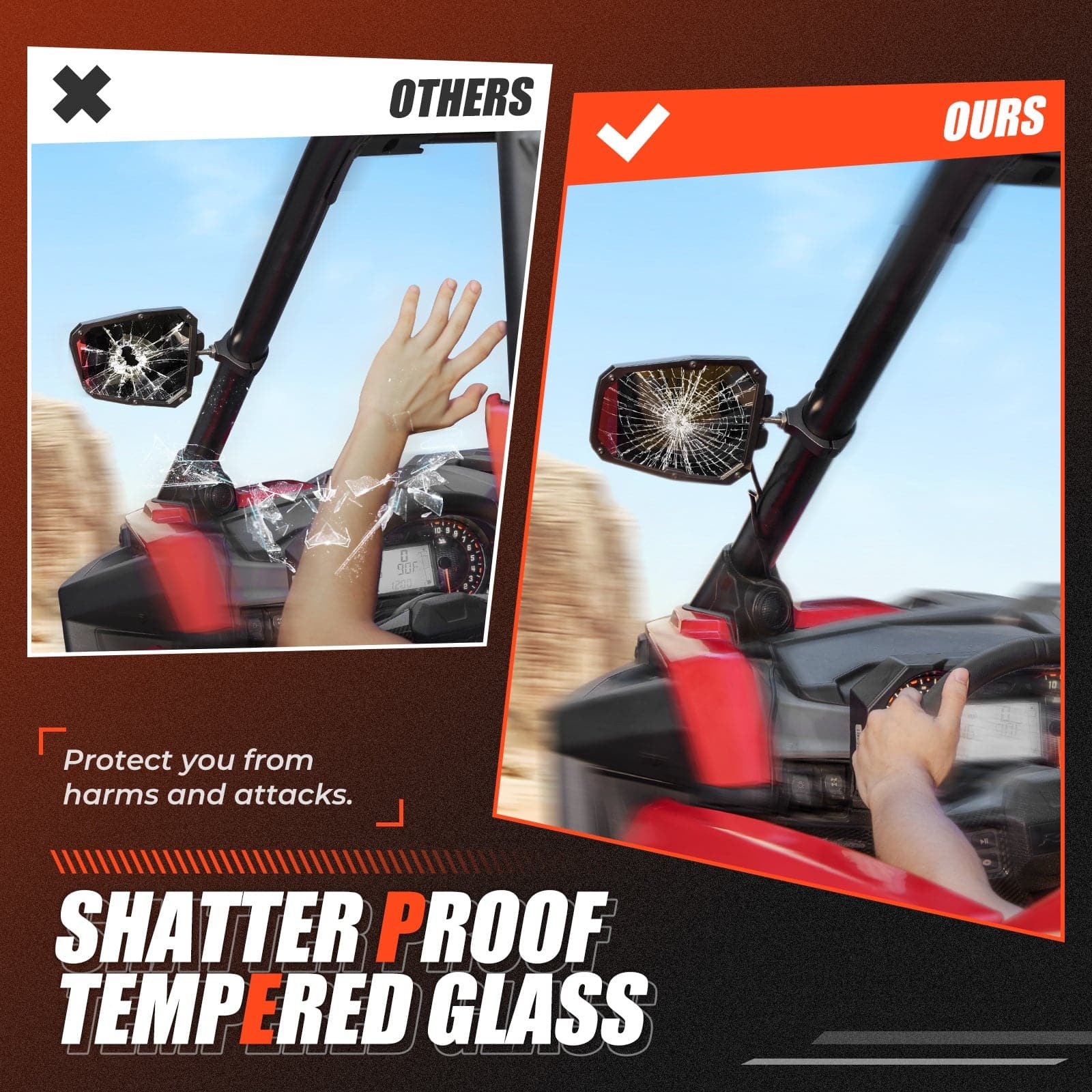 Kemimoto UTV Adjustable Mirror Set 1.65‑2" Rear 1.75‑2" LED