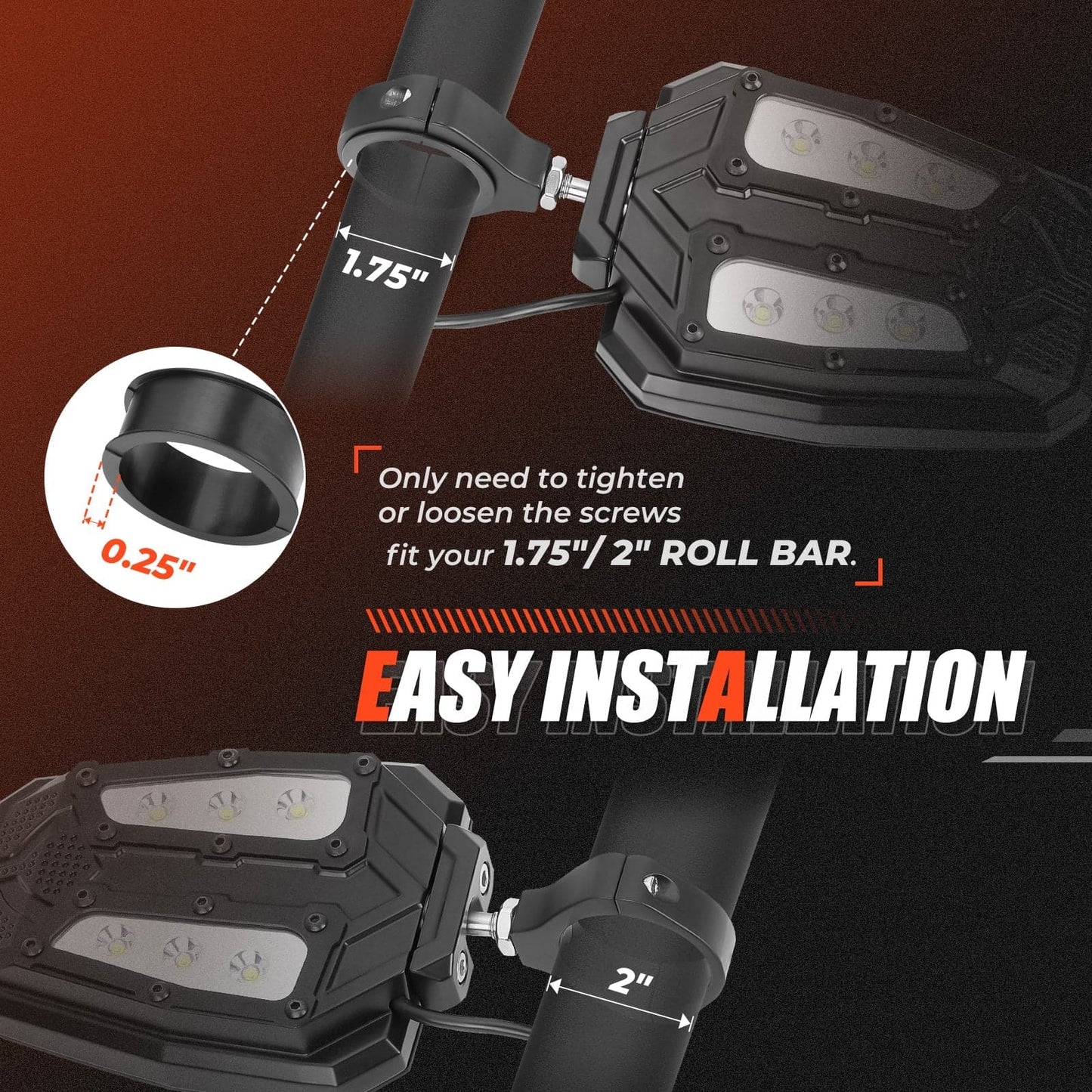 Kemimoto UTV Adjustable Mirror Set 1.65‑2" Rear 1.75‑2" LED