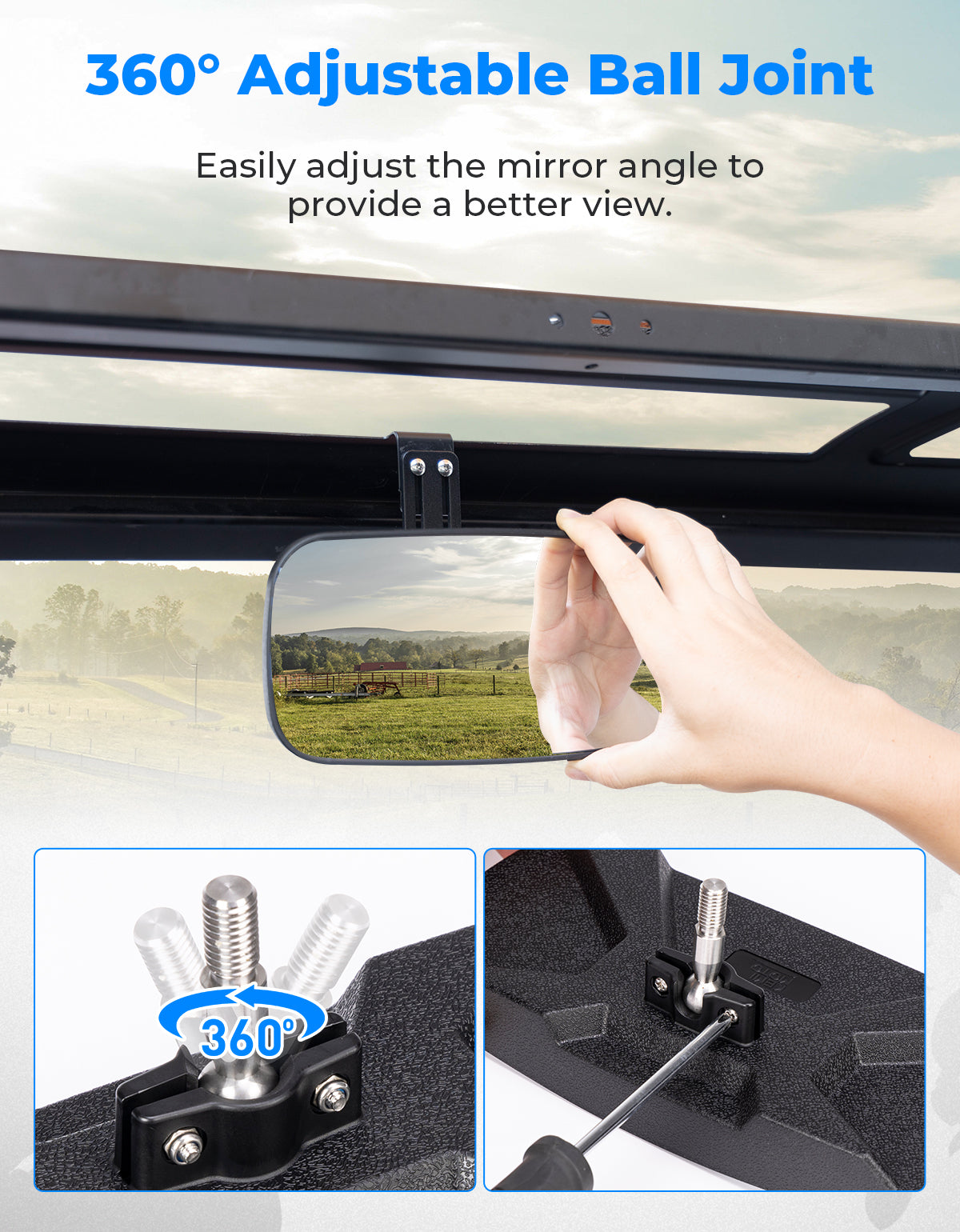 Kemimoto Upgraded Rear View Mirror for Polaris Ranger 500-1000 2017-2025