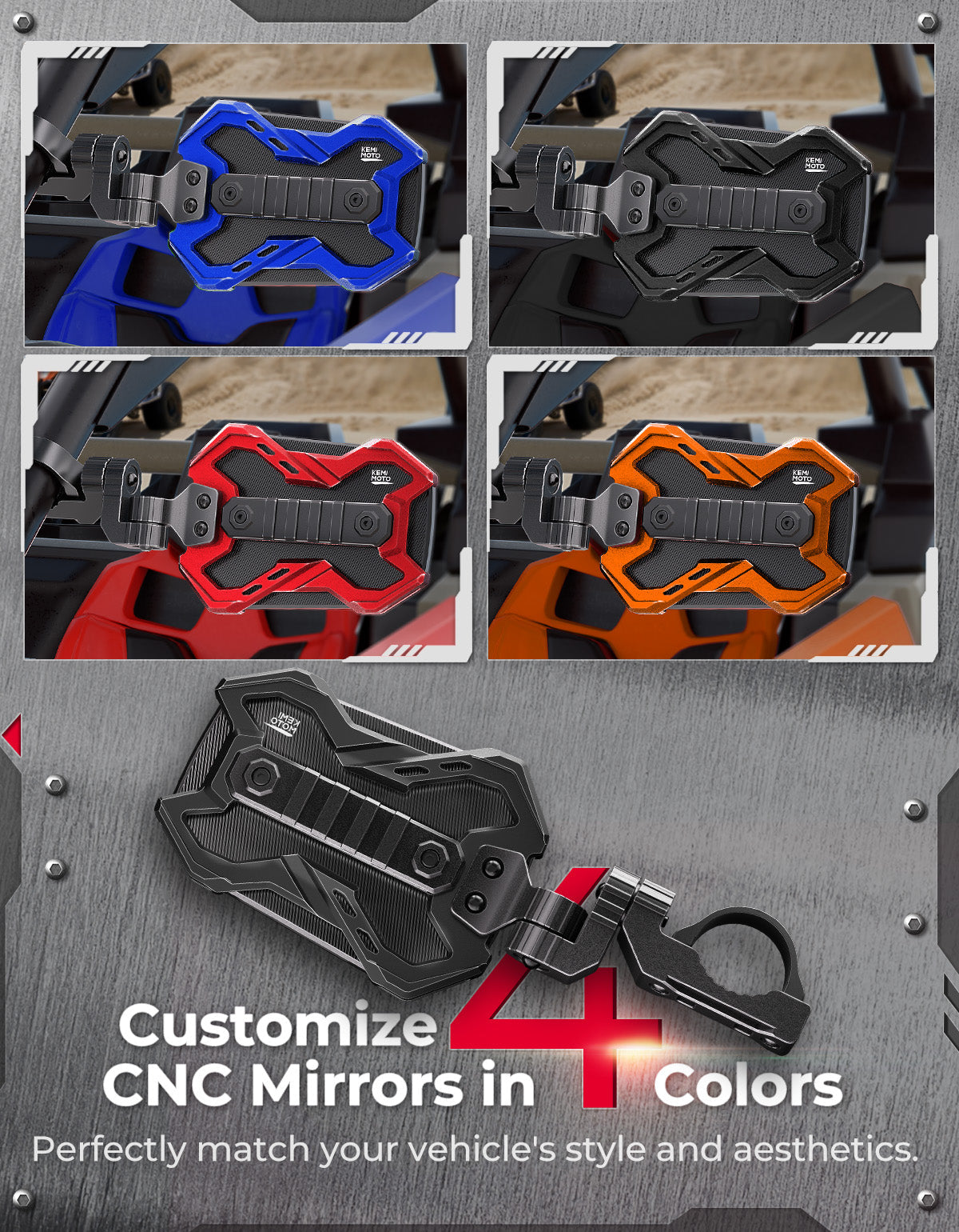 Kemimoto CNC UTV Mirror X Integrated Light Mount Mirror