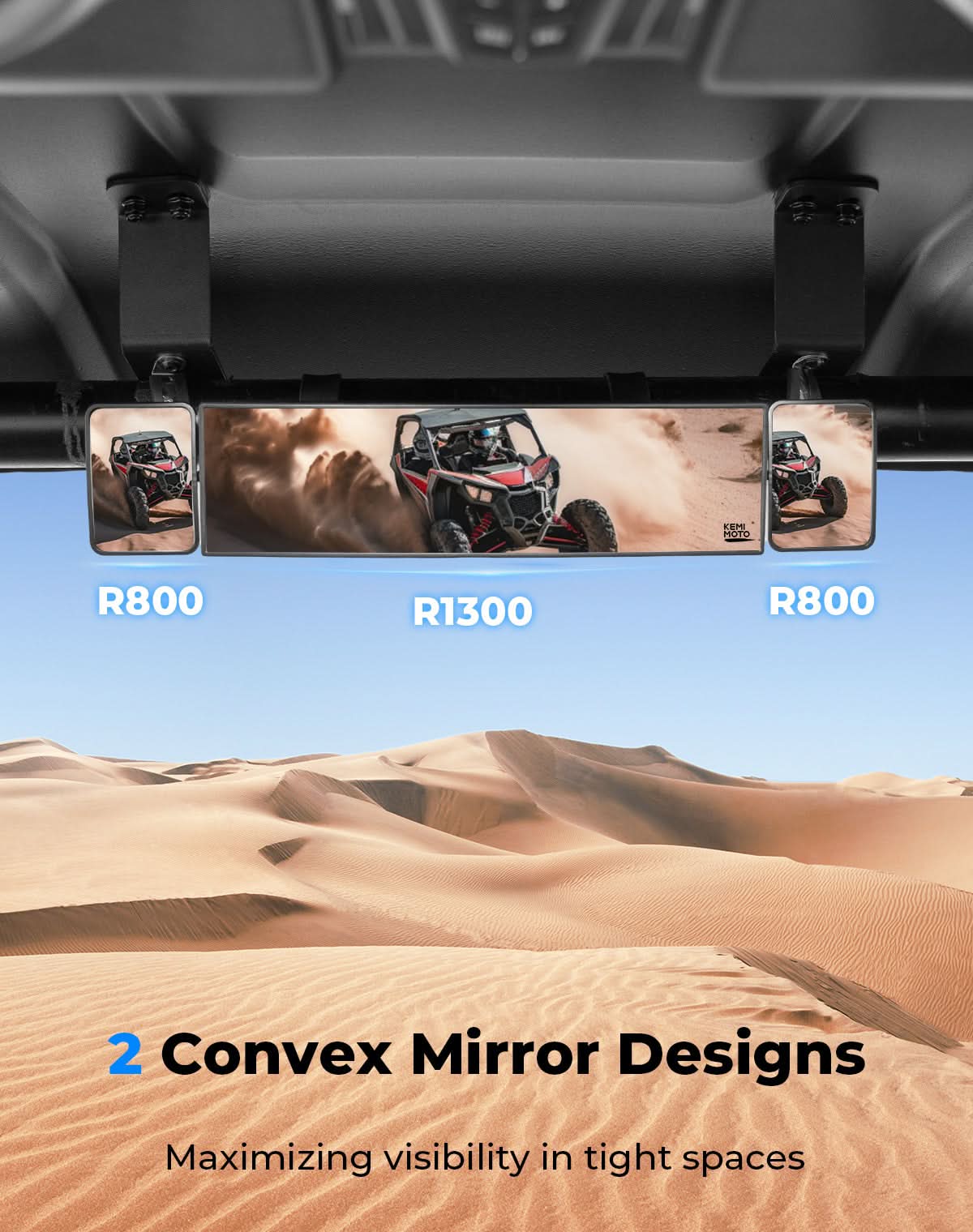 Kemimoto Rear View Mirror 2 Convex Mirrors with 1.5"-2" Clamp