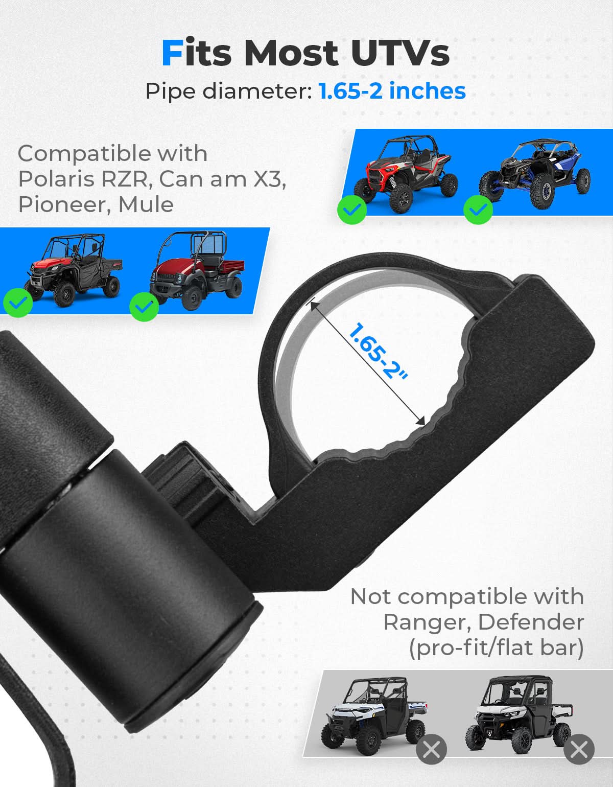 Kemimoto Spring Back Side Mirrors for 1.65‑2 Inch Roll Bars