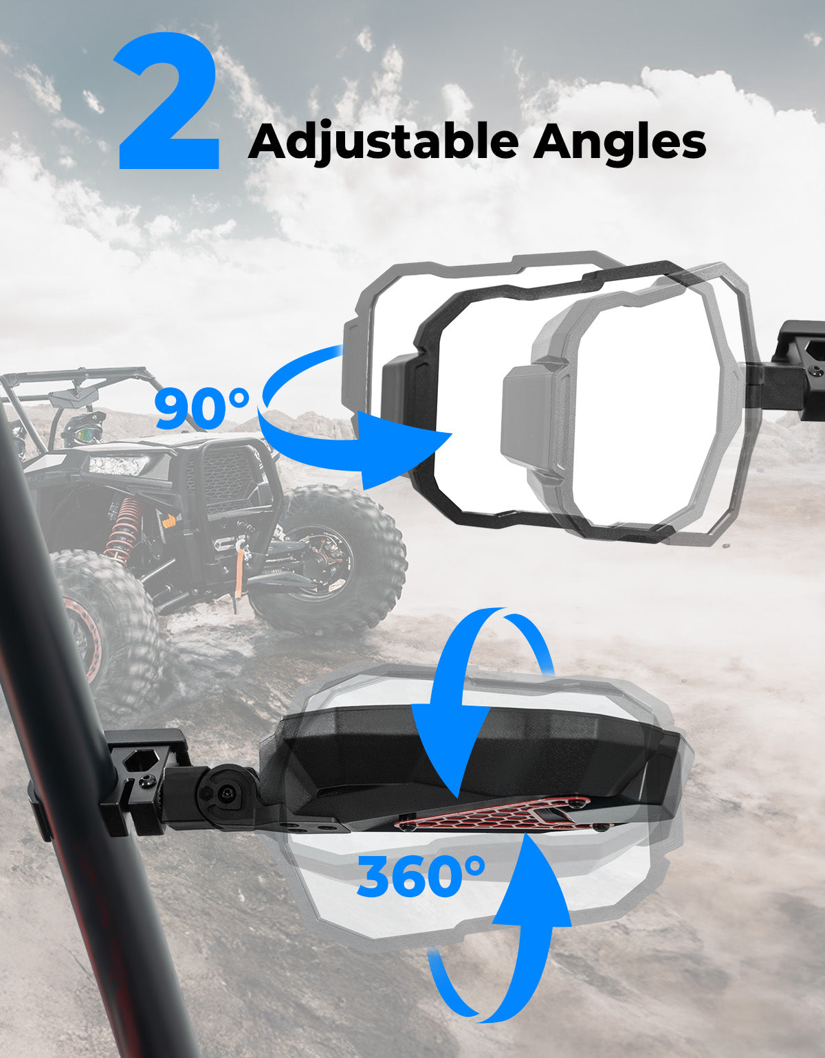 Kemimoto Side Mirrors Shatterproof Glass Fits 1.5‑2" Roll Cage