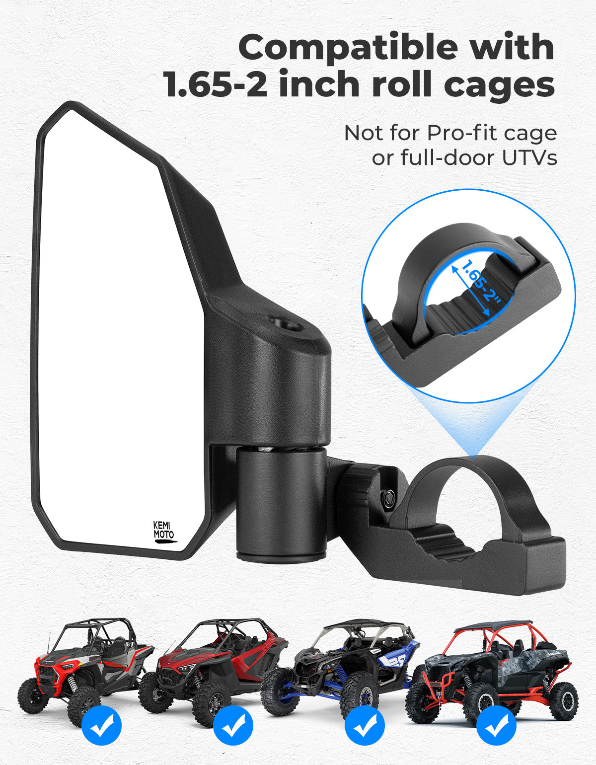 Kemimoto UTV Side Mirrors with Roll Cage for Polaris RZR