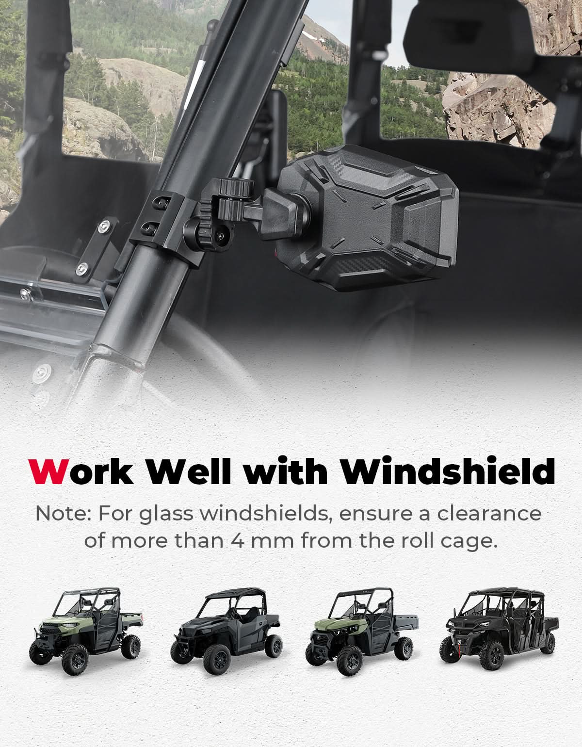 Kemimoto UTV Side Rear View Mirrors Windshield-Compatible