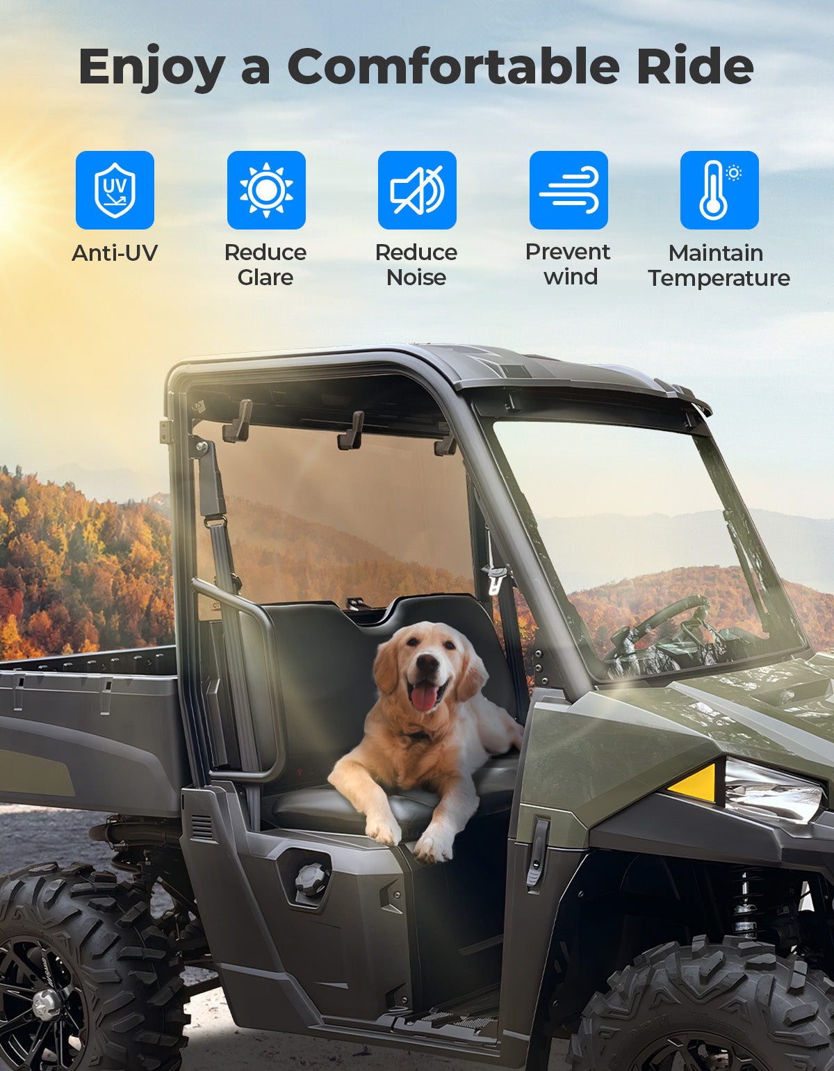 Kemimoto Anti-UV Tinted Rear Windshield for Polaris Ranger Midsize