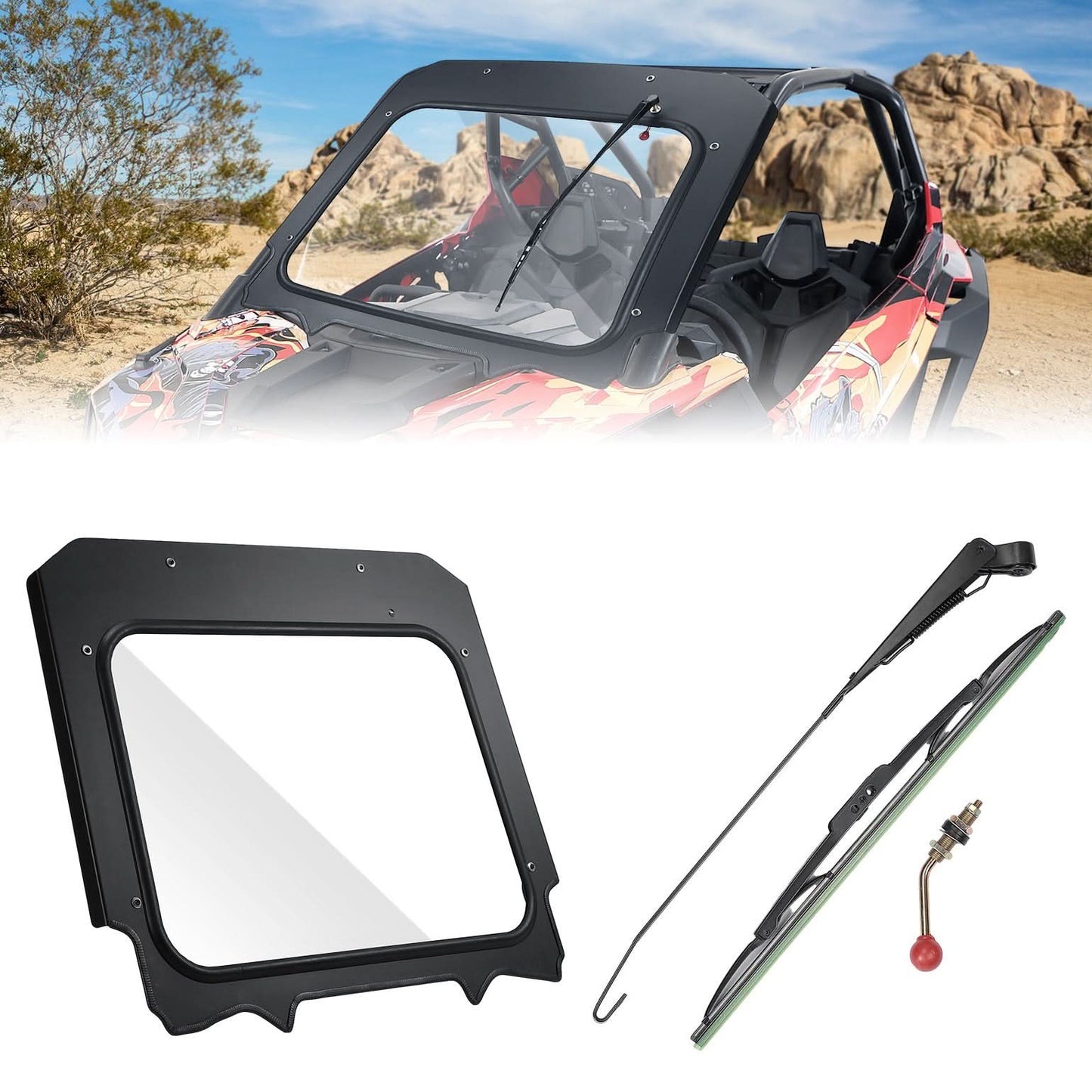 Kemimoto Glass Front Windshield with Manual Wipers 2020-2024 Polaris RZR