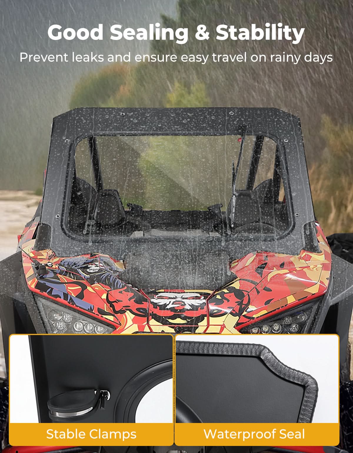 Kemimoto Glass Front Windshield with Manual Wipers 2020-2024 Polaris RZR