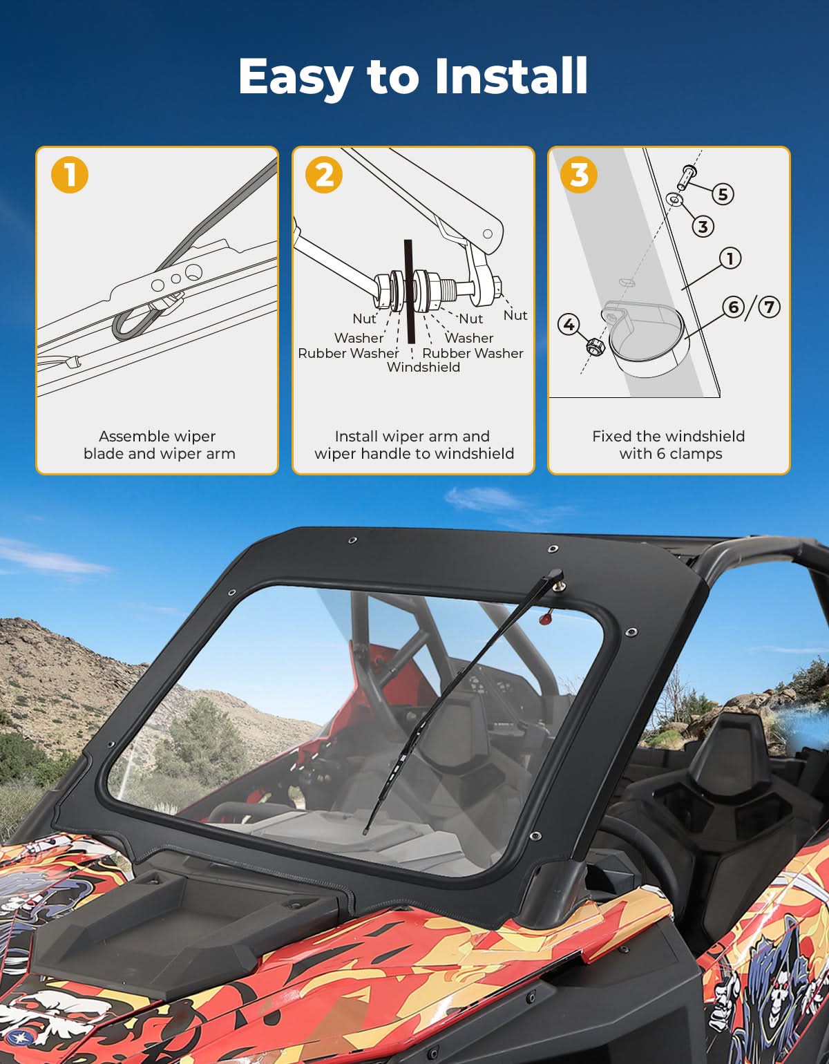 Kemimoto Glass Front Windshield with Manual Wipers 2020-2024 Polaris RZR