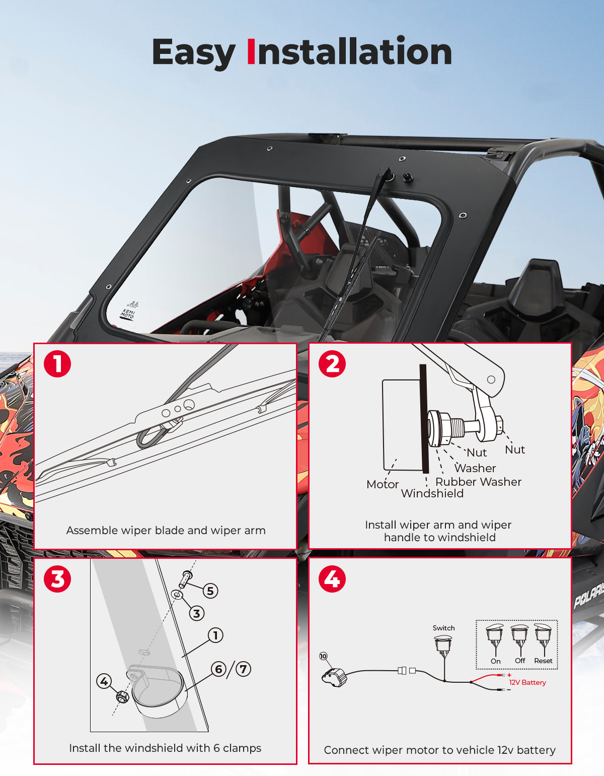 Kemimoto Glass Windshield with Electric Wipers 2020-2024