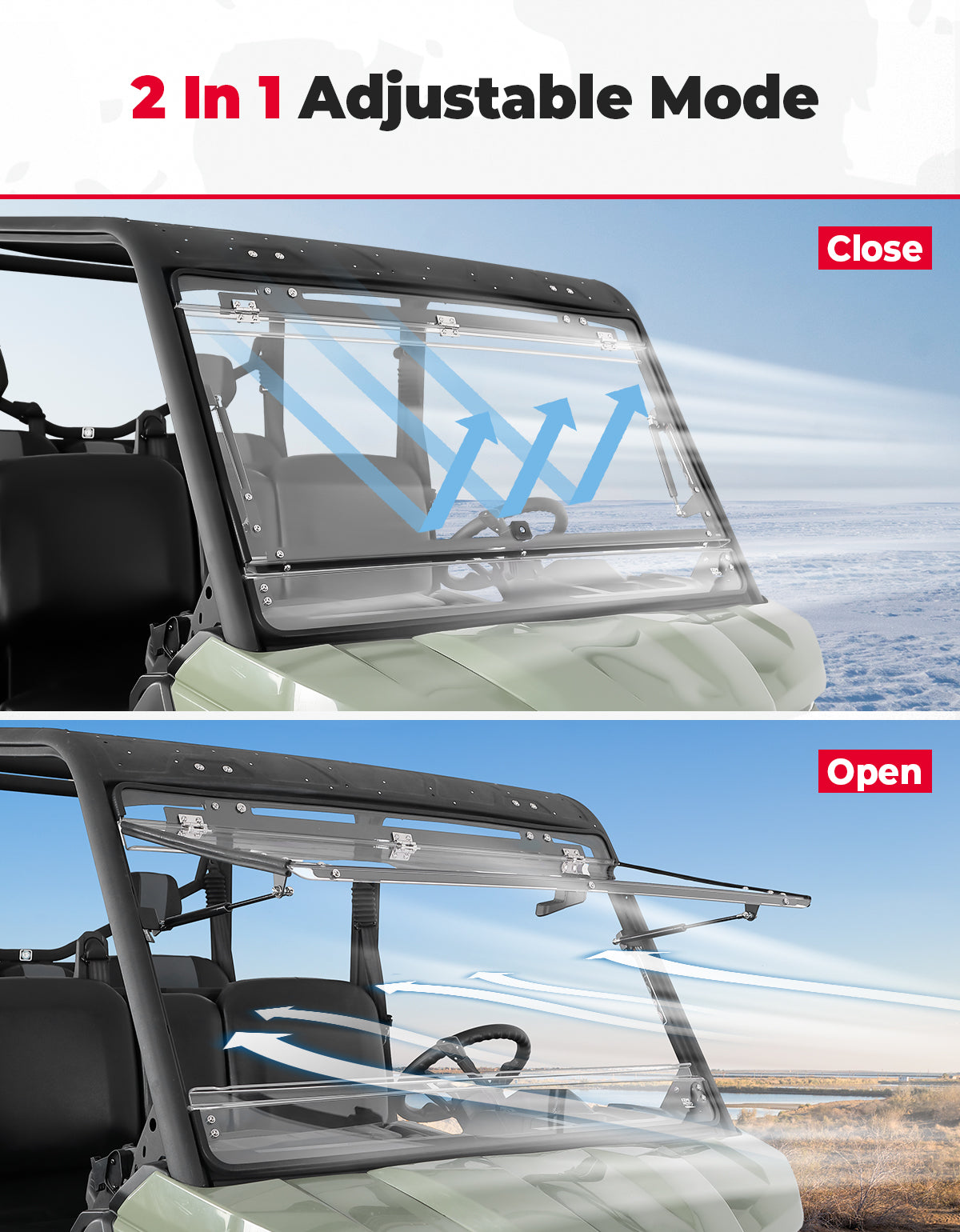 Kemimoto 2-in-1 Flip Windshield 1/5" Thick Polycarbonate for Can‑Am Defender