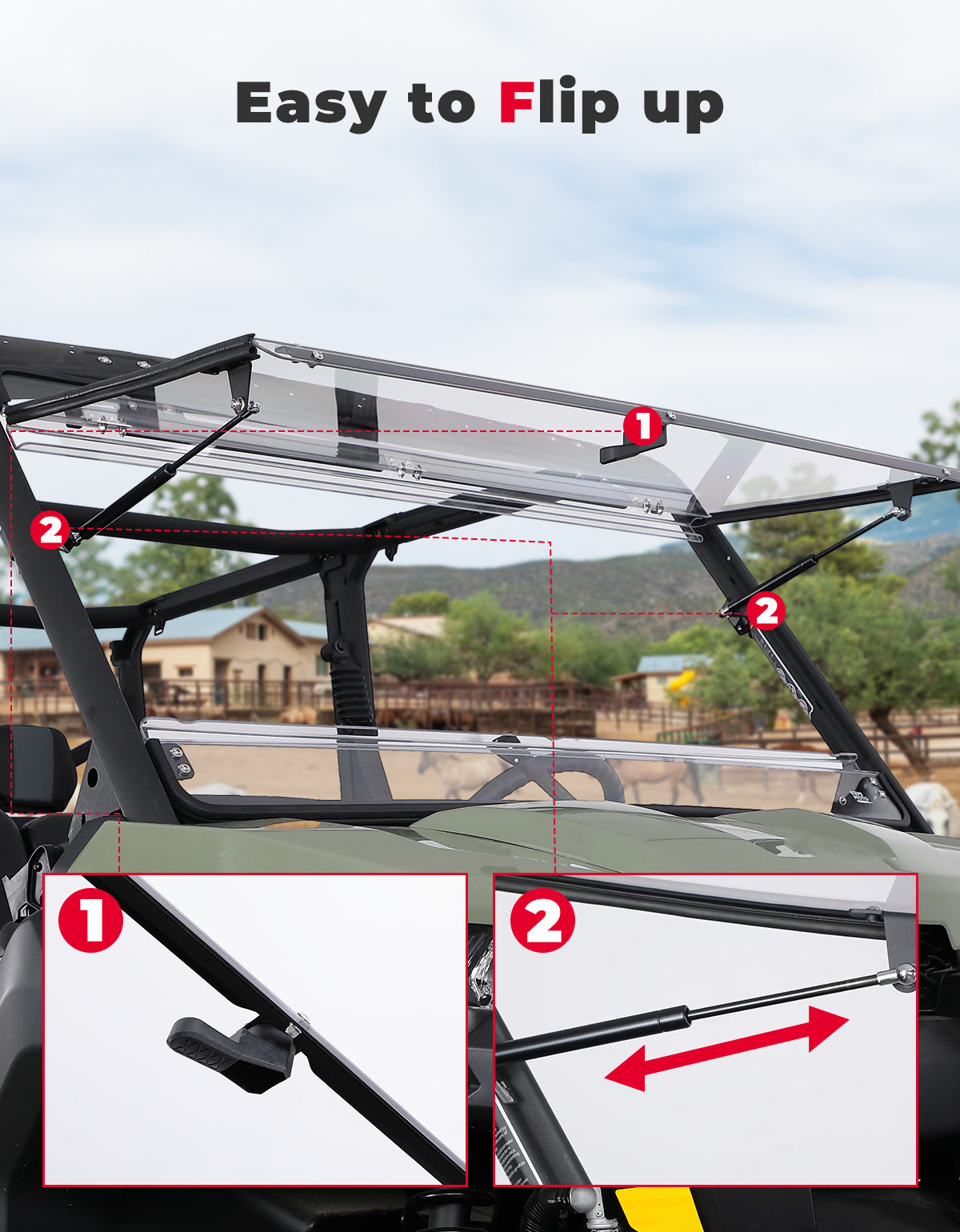 Kemimoto 2-in-1 Flip Windshield 1/5" Thick Polycarbonate for Can‑Am Defender