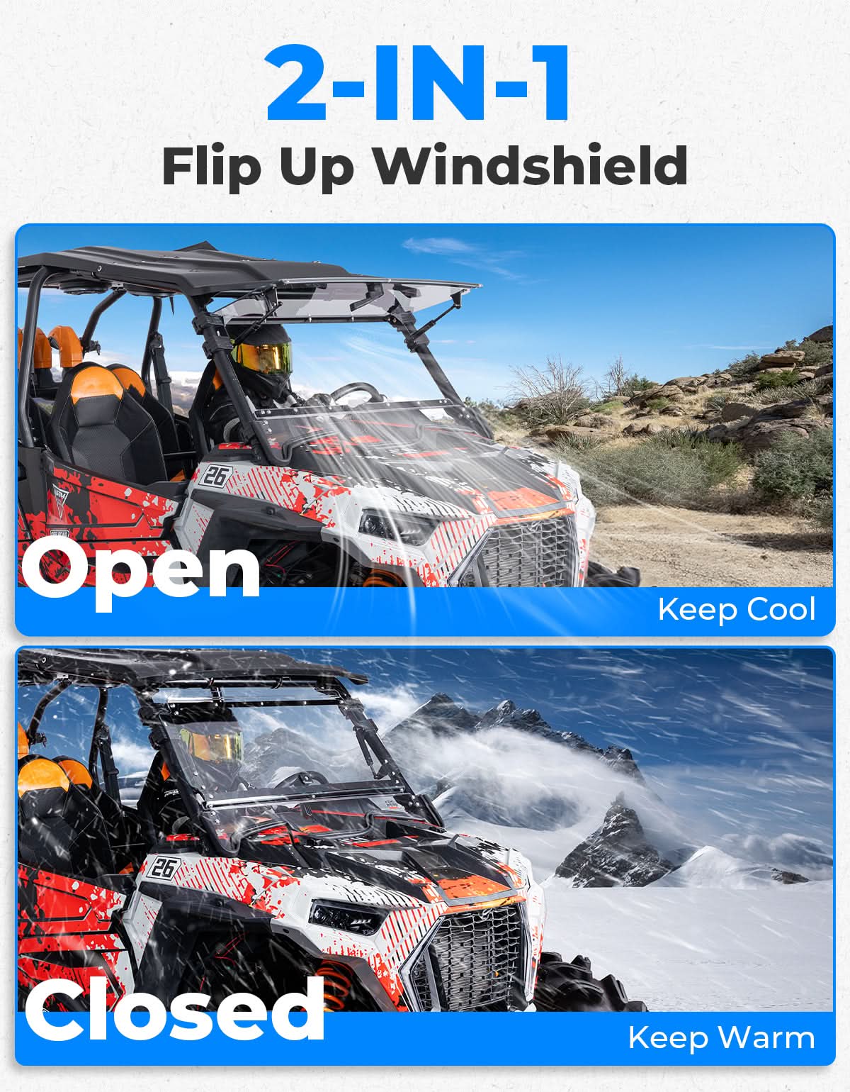 Kemimoto 2-IN-1 Flip Up Windshield for Polaris RZR XP 1000