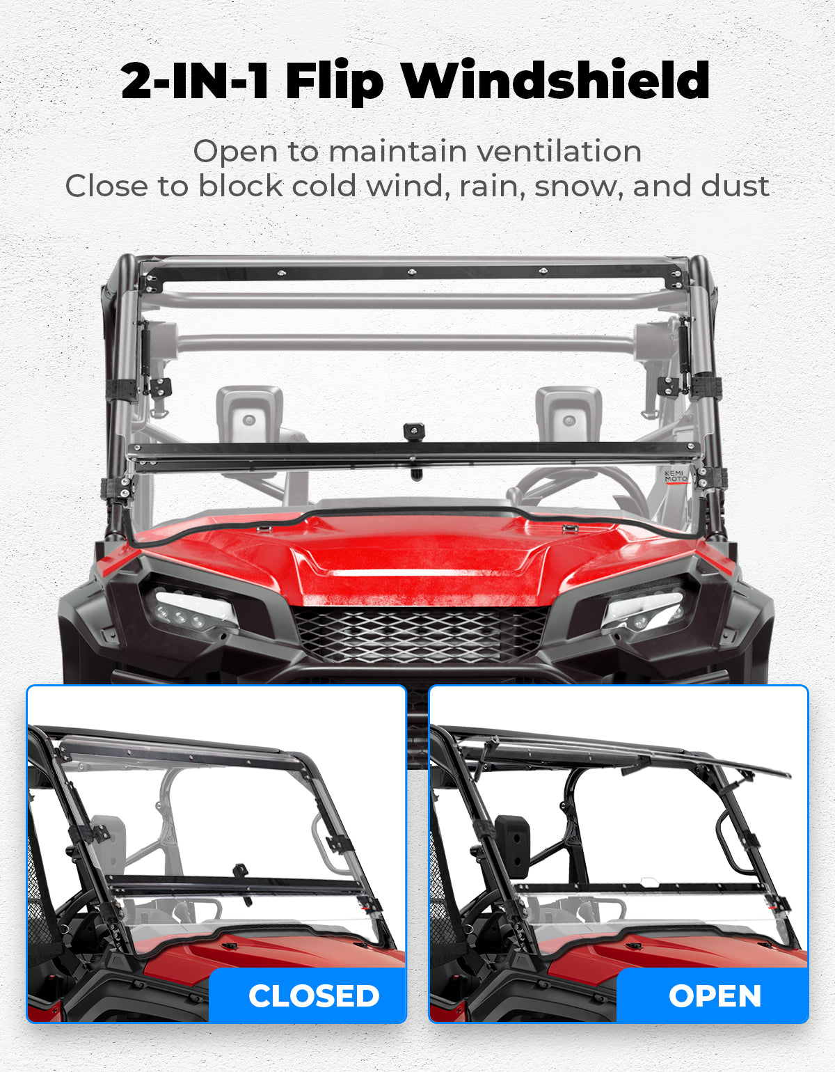 KEMIMOTO UTV2-IN-1 Flip Windshield Hard-Coated PC For Pioneer 1000