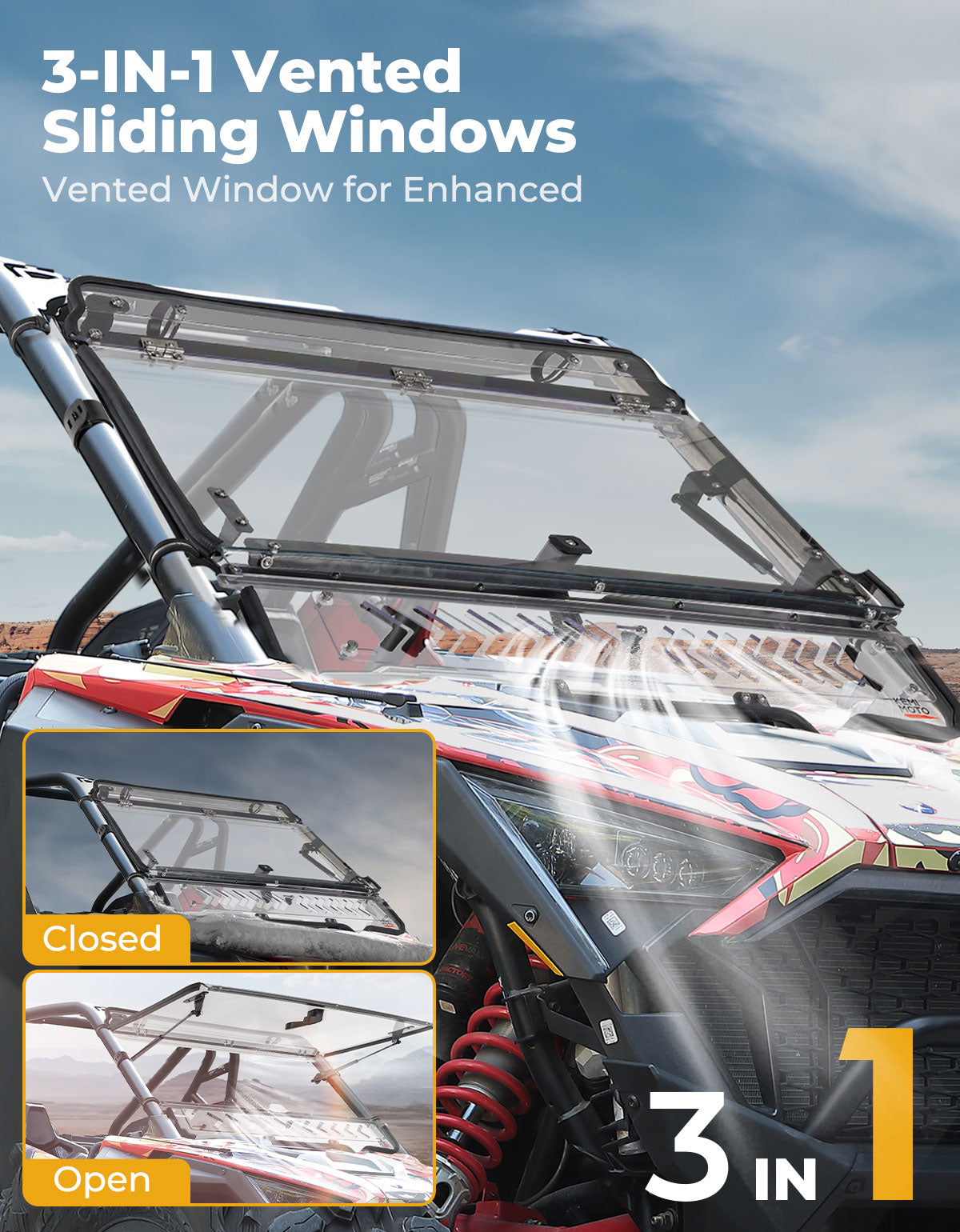 Kemimoto Flip Windshield 3-in-1 with Heavy-Duty Metal Clamps