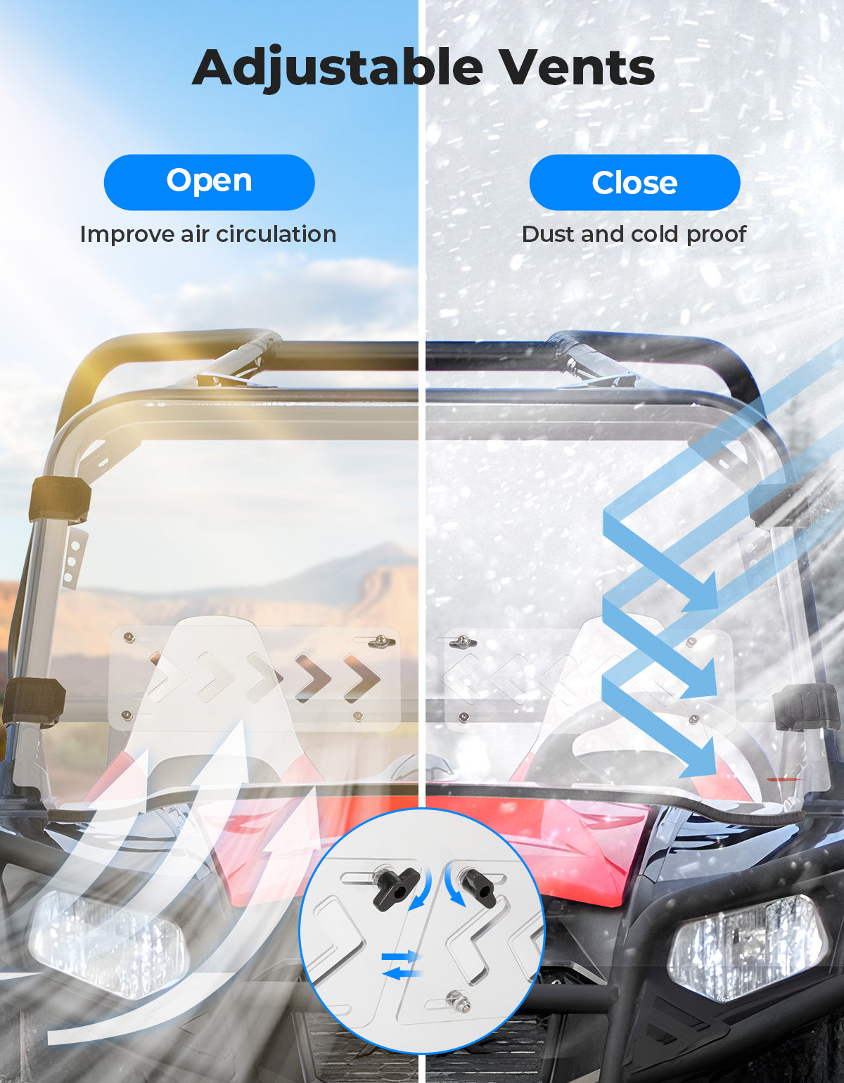 Kemimoto 2‑IN‑1 Vented Flip Windshield for Polaris RZR 800/XP