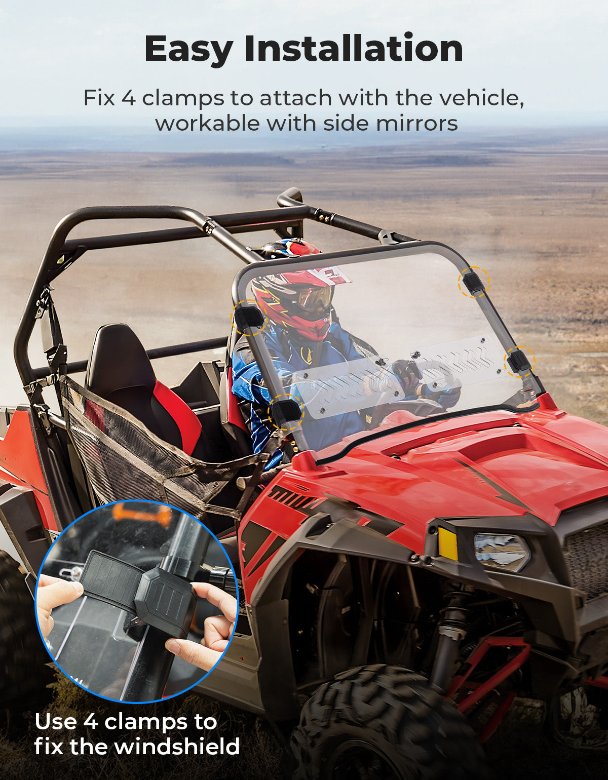 Kemimoto 2‑IN‑1 Vented Flip Windshield for Polaris RZR 800/XP