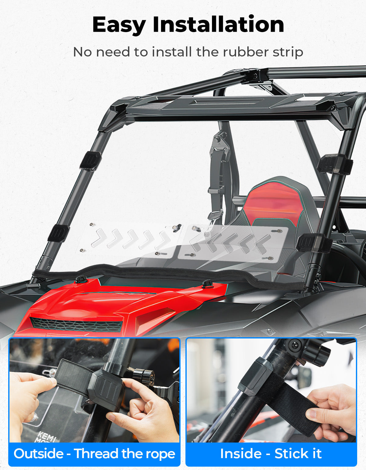 Kemimoto Front Windshield Vented Pre-Installed Rubber Strip for Polaris RZR