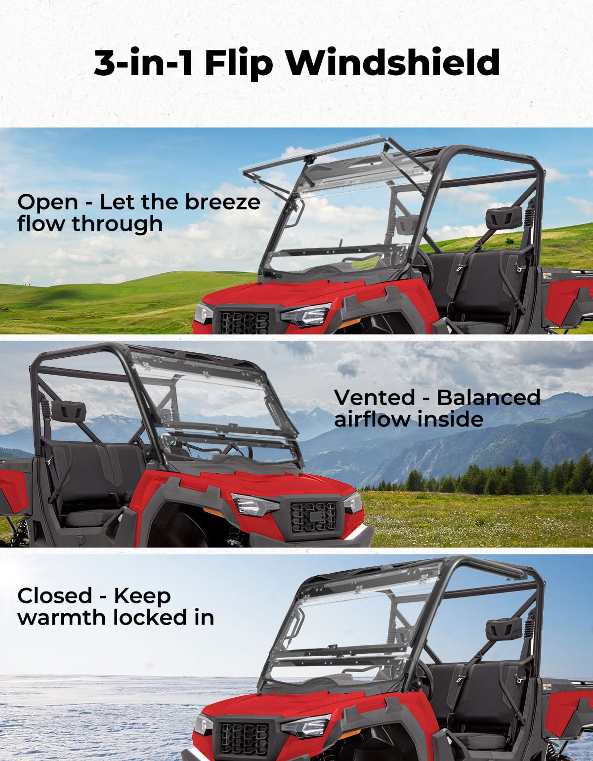 Kemimoto 3-In-1 Flip Front Windshield for Tracker 800SX