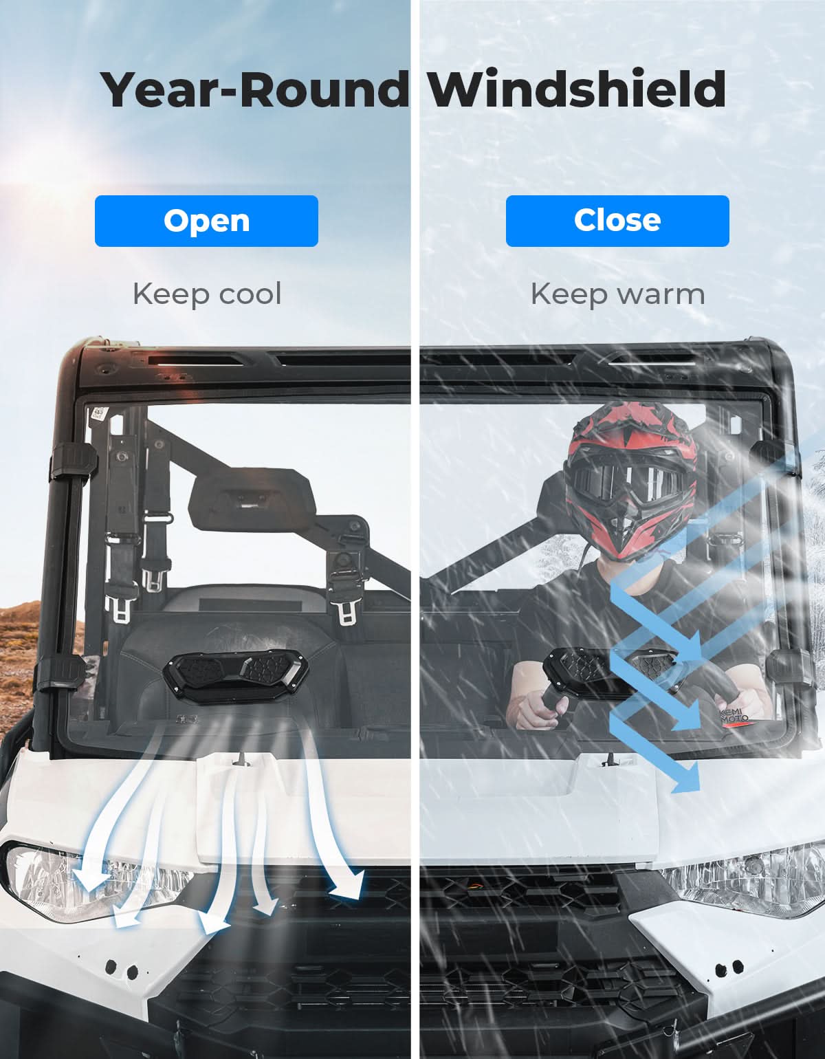 Kemimoto 3-in-1 Vented Windshield for Polaris Ranger 1000/XP 900-1000