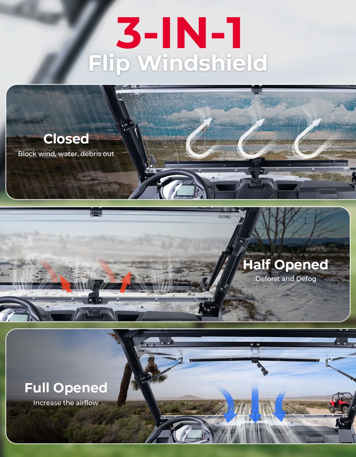 Kemimoto 3-IN-1 Flip Windshield for Polaris Ranger XP 1000 2015-2026