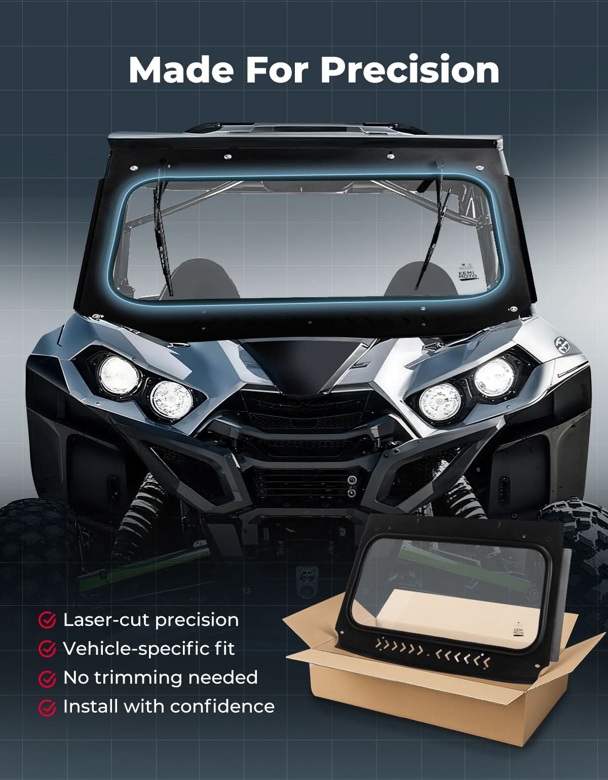Kemimoto Vented Glass Front Windshield with Wipers for Kawasaki Teryx