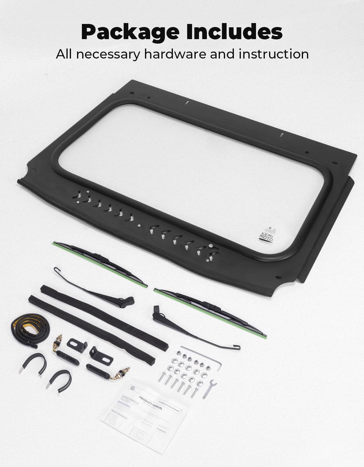 Kemimoto Vented Glass Front Windshield with Wipers for Kawasaki Teryx