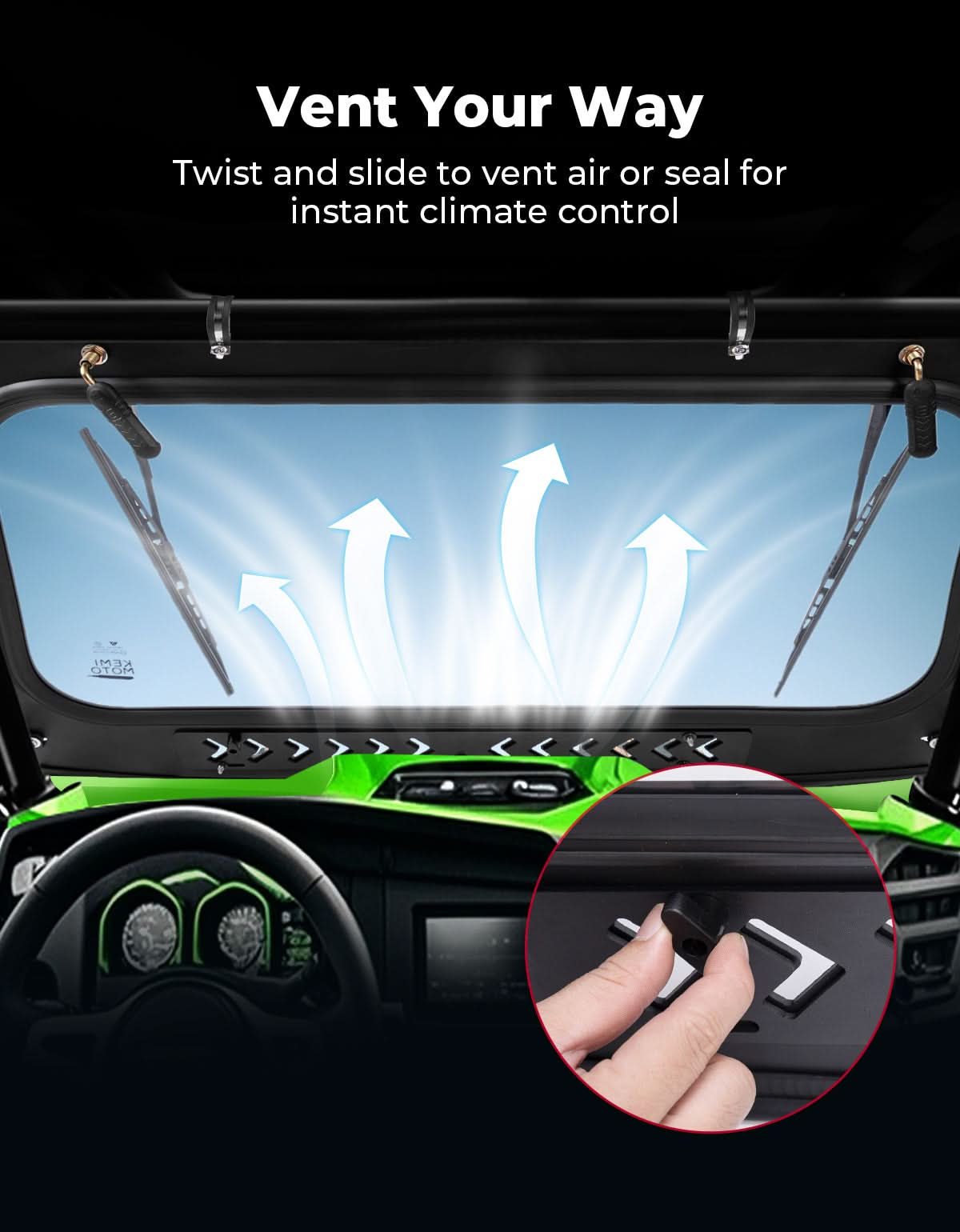 Kemimoto Vented Glass Front Windshield with Wipers for Kawasaki Teryx