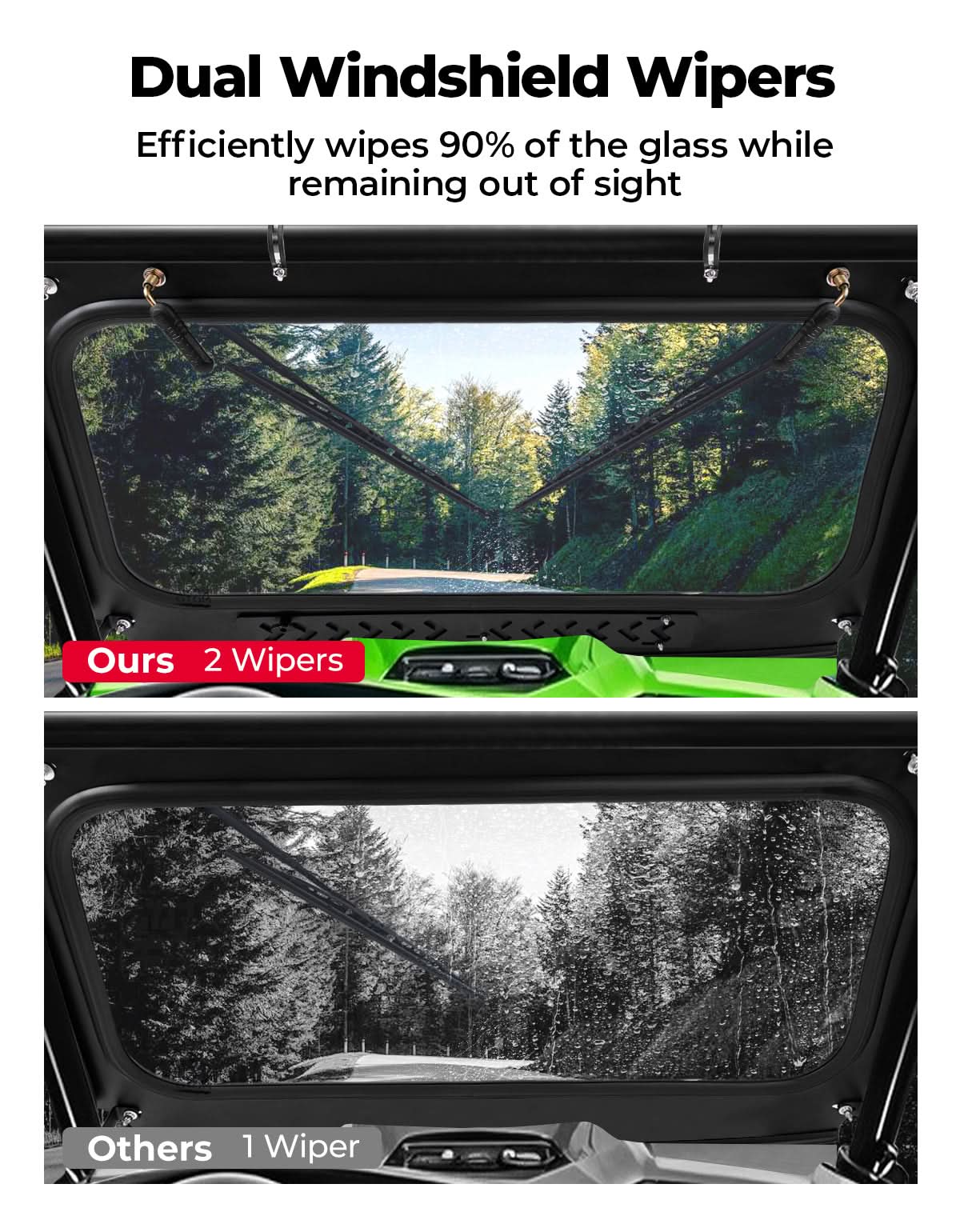 Kemimoto Vented Glass Front Windshield with Wipers for Kawasaki Teryx