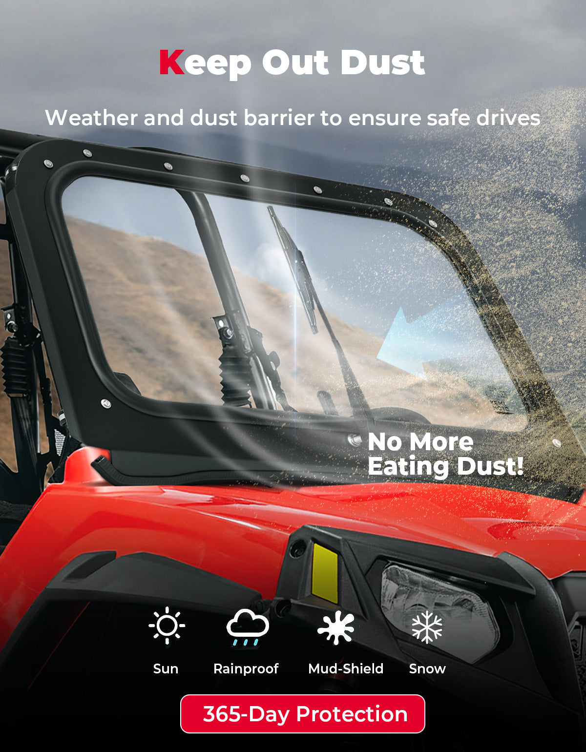 Kemimoto Front Windshield with Manual Wiper for Polaris RZR