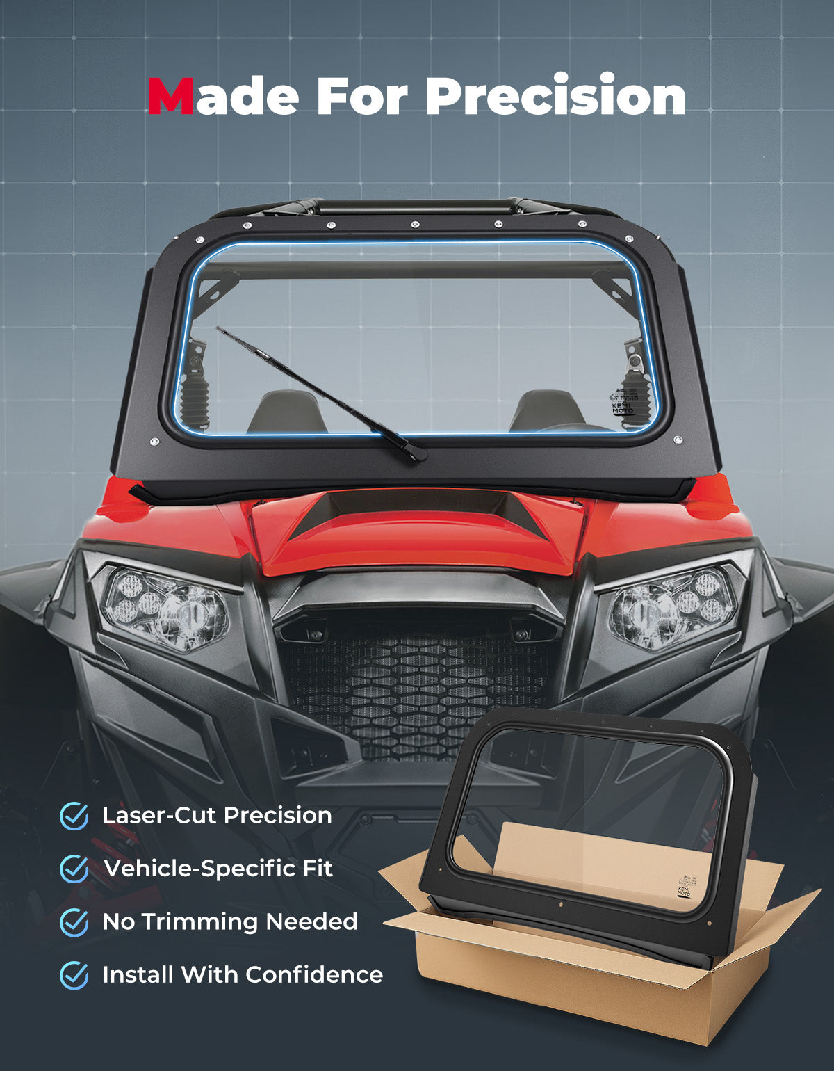Kemimoto Front Windshield with Manual Wiper for Polaris RZR