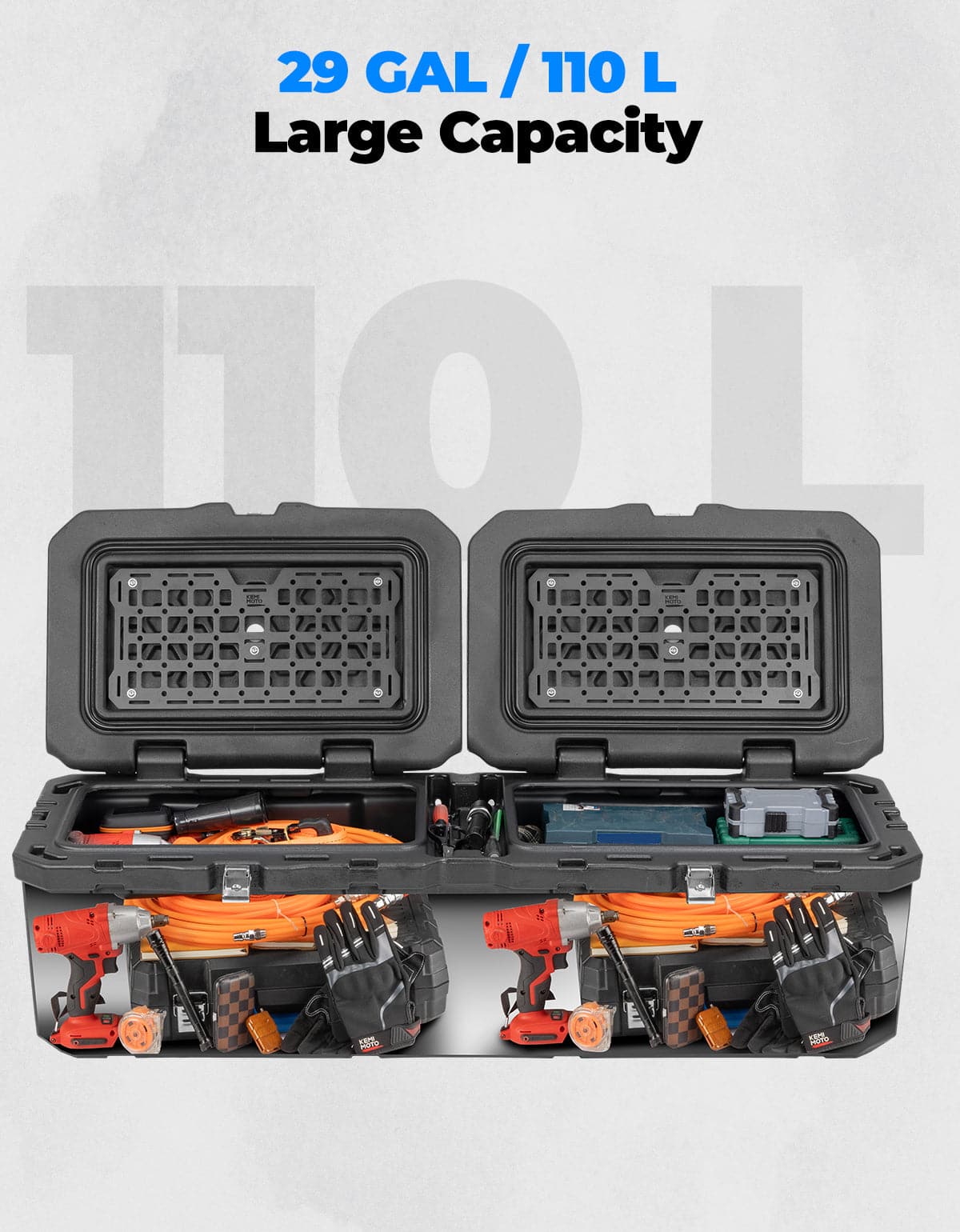 Kemimoto 110L UTV Bed Storage Box Dual‑Lid Waterproof